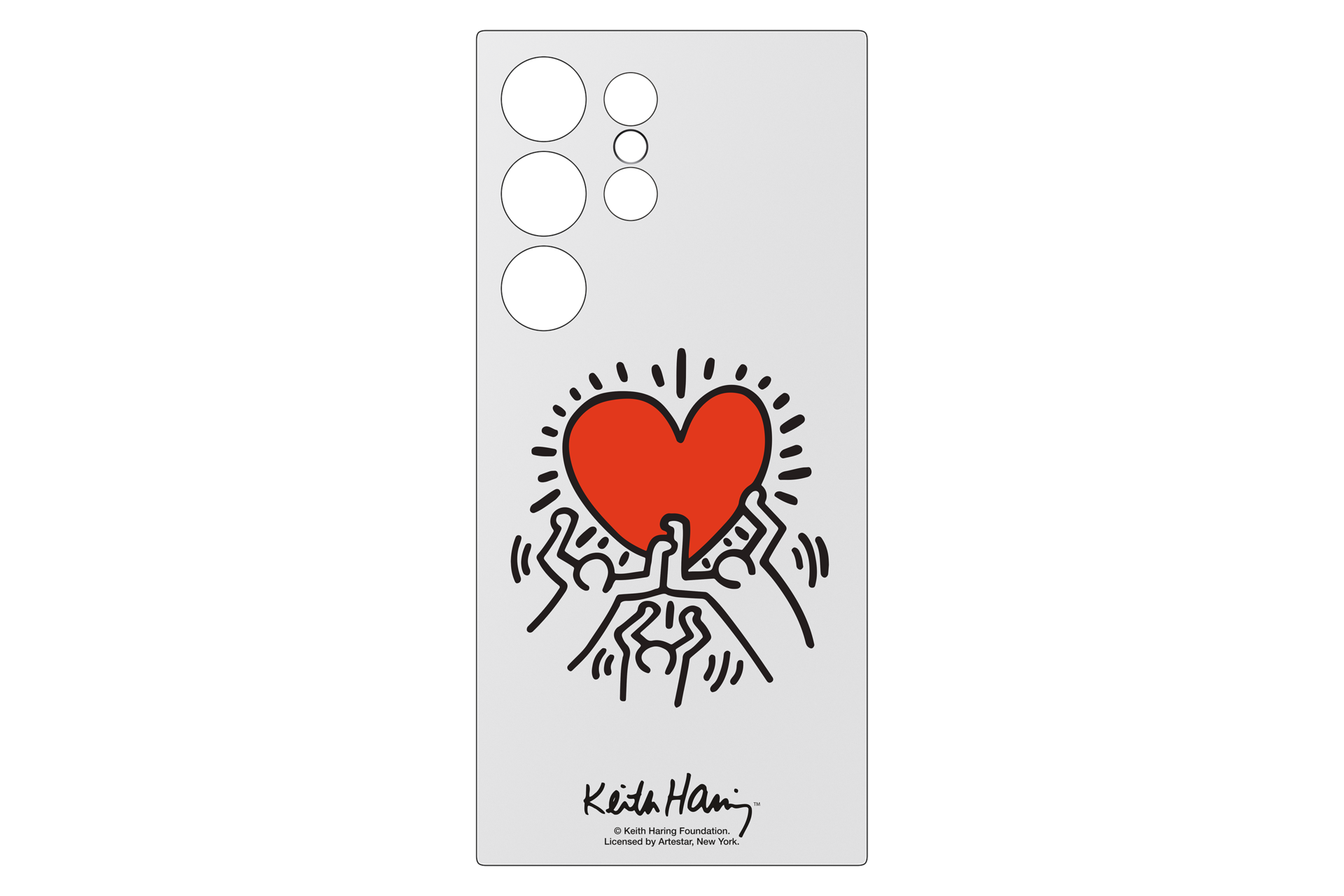 Funda para teléfono con diseño de Keith Haring. Presenta un corazón rojo sostenido por figuras de palo. La funda es blanca con recortes negros para la cámara.