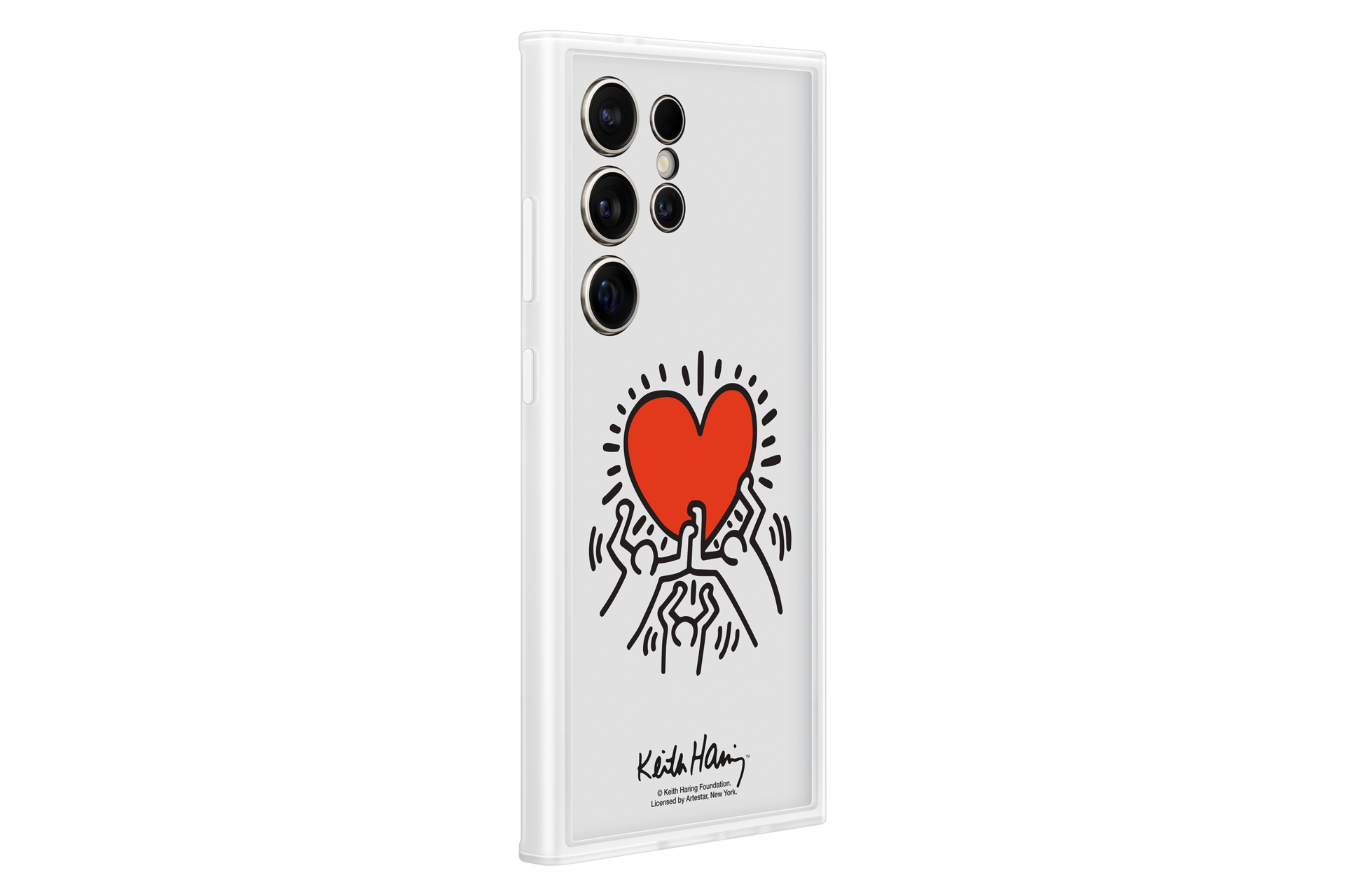 Funda blanca para teléfono con un corazón rojo y figuras al estilo Keith Haring. Se ve un teléfono con múltiples lentes.
