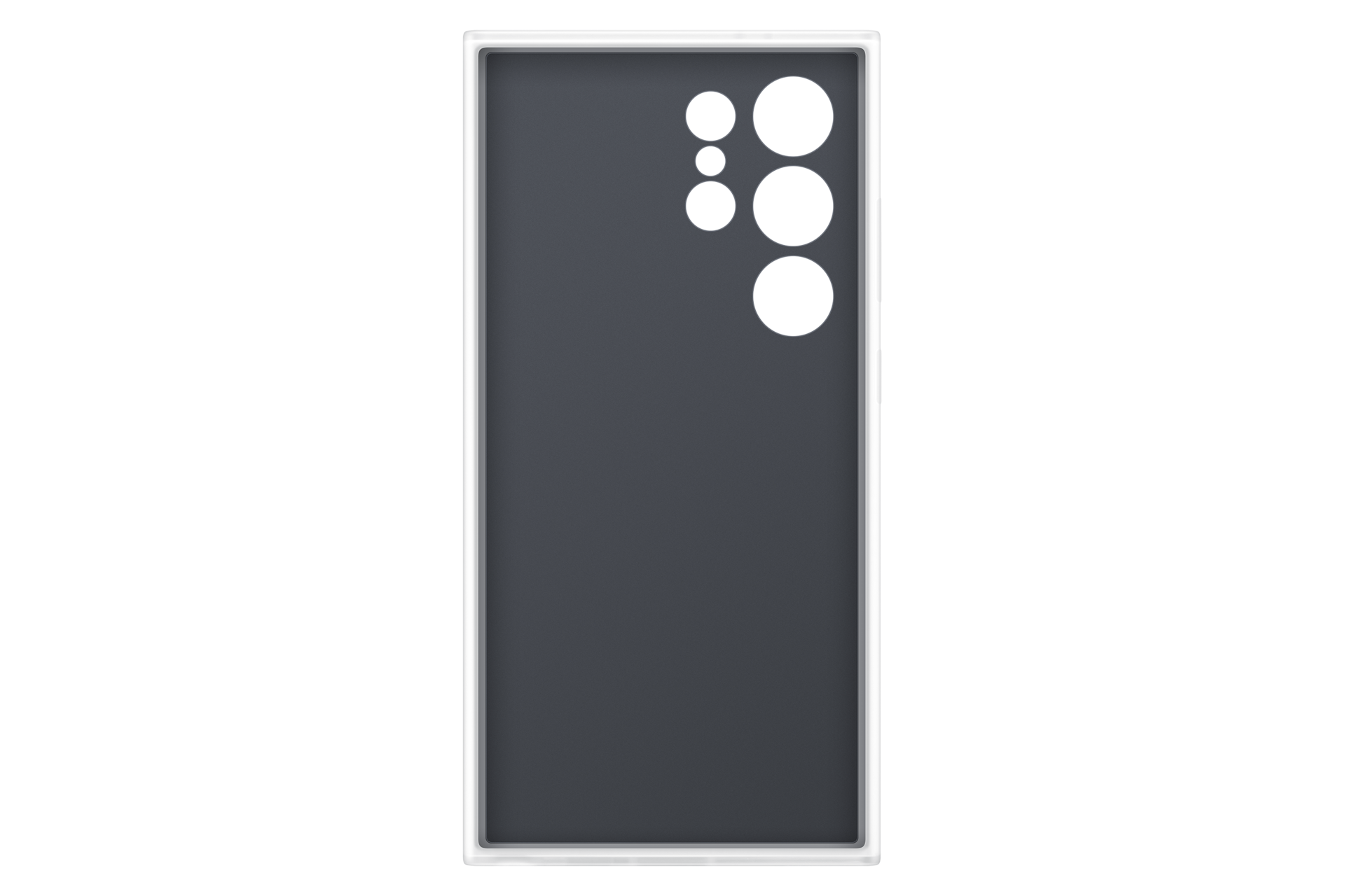Una funda de teléfono gris oscuro, rectangular con esquinas redondeadas, con recortes para la cámara. Un borde blanco rodea la funda, sobre negro.