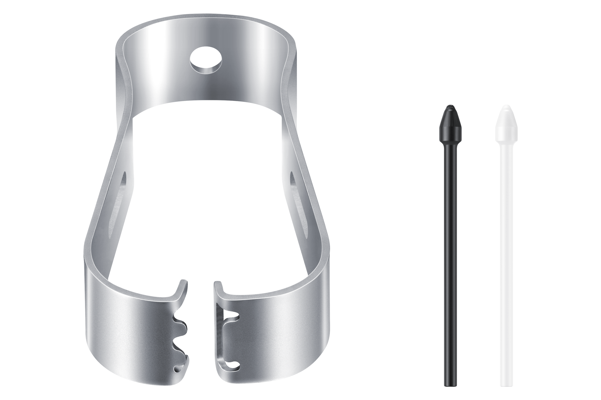 Srebrny metalowy klips z otworem i dwoma rysikami, czarnym i białym, na czarnym tle.