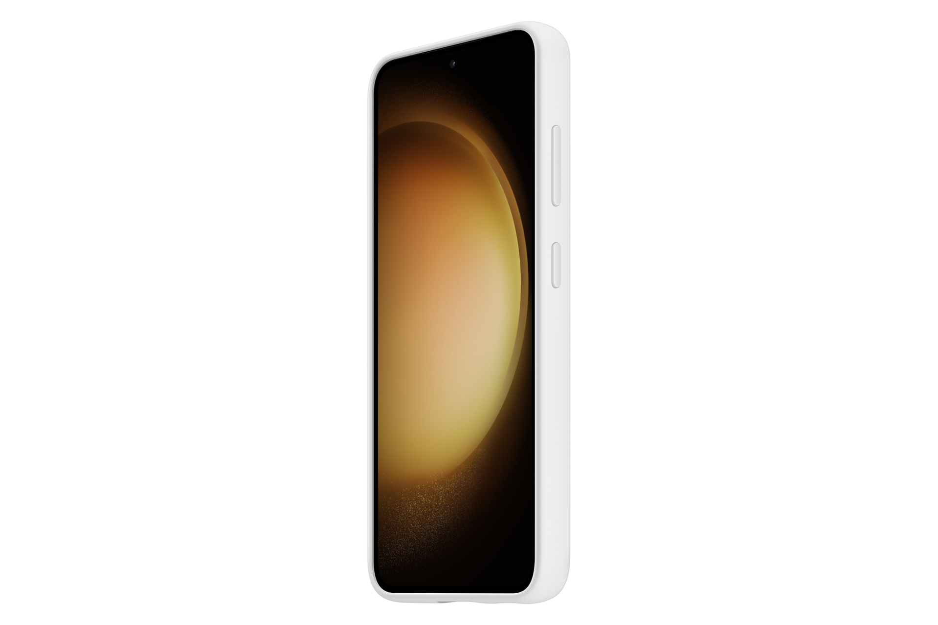 Uno smartphone bianco con schermo curvo mostra un design dorato astratto. Il telefono ha pulsanti laterali, su sfondo nero.