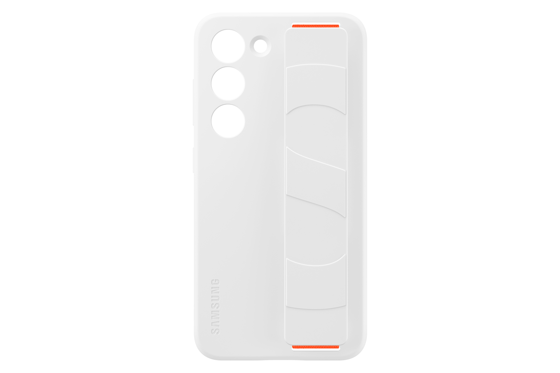 Custodia bianca per telefono con tre fori per fotocamera e un design a cinturino. Accenti arancioni sopra e sotto il cinturino.