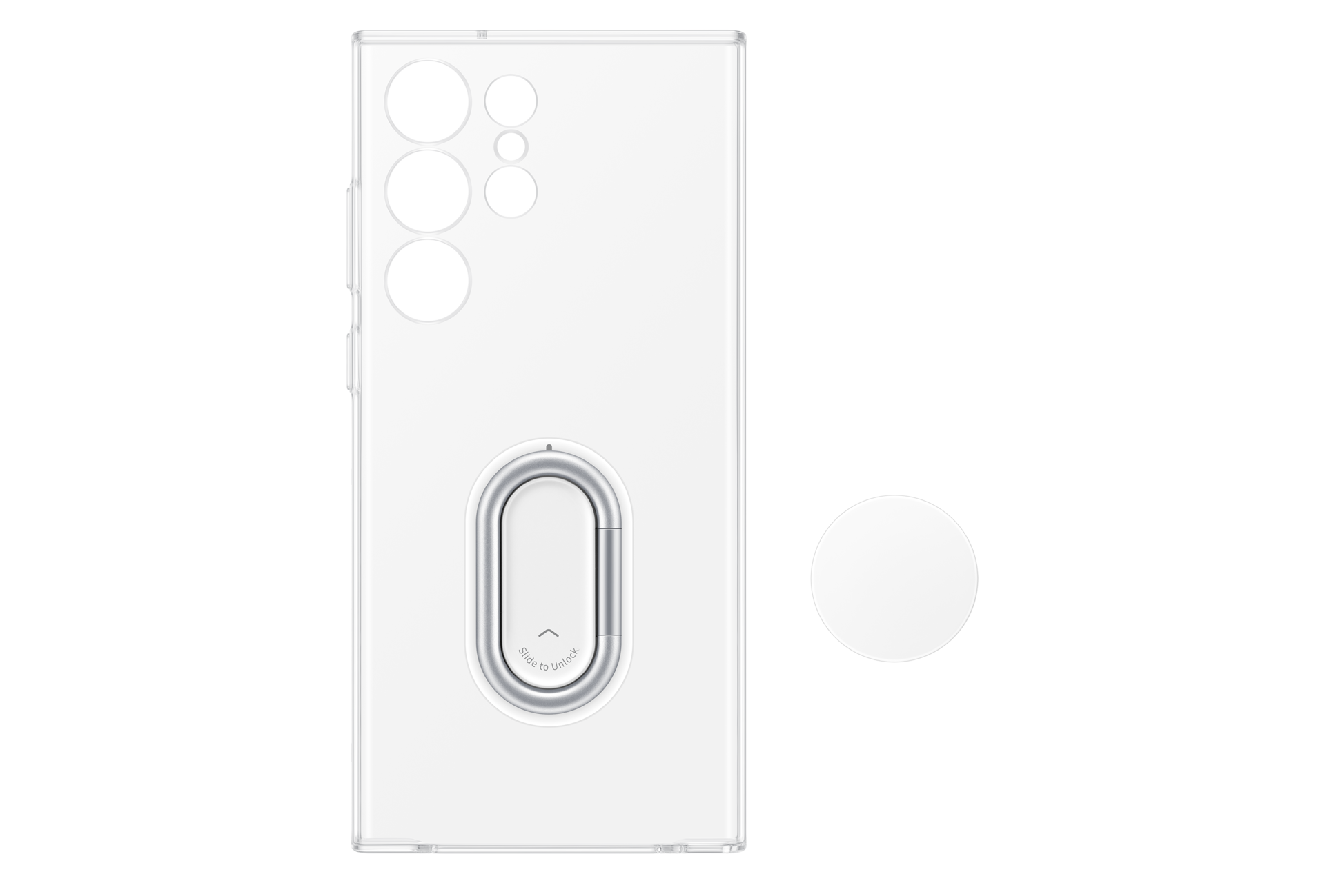 Una funda blanca para teléfono con recortes para cámara y un soporte de anillo plateado. Un círculo blanco a la derecha.