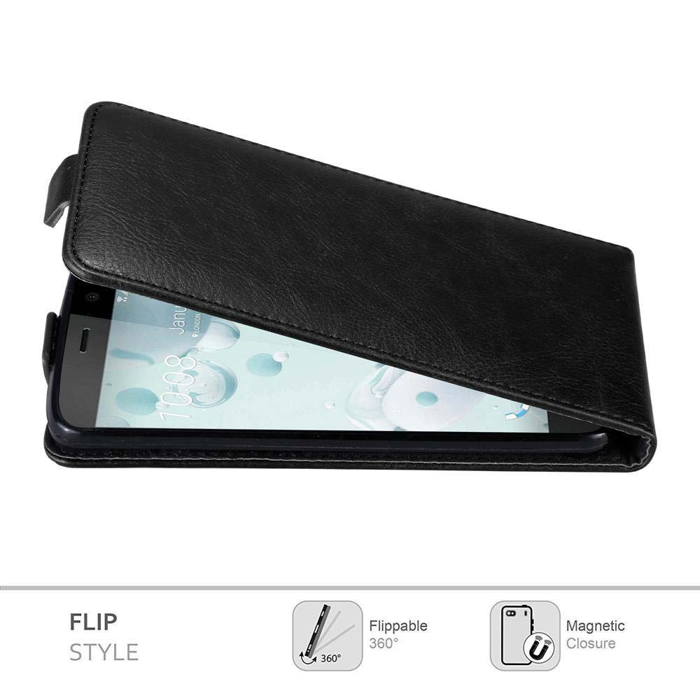 Eine schwarze Flip-Handyhülle mit einem Telefon darin. Der Bildschirm zeigt die Uhrzeit an. Unten sind Symbole für Funktionen.