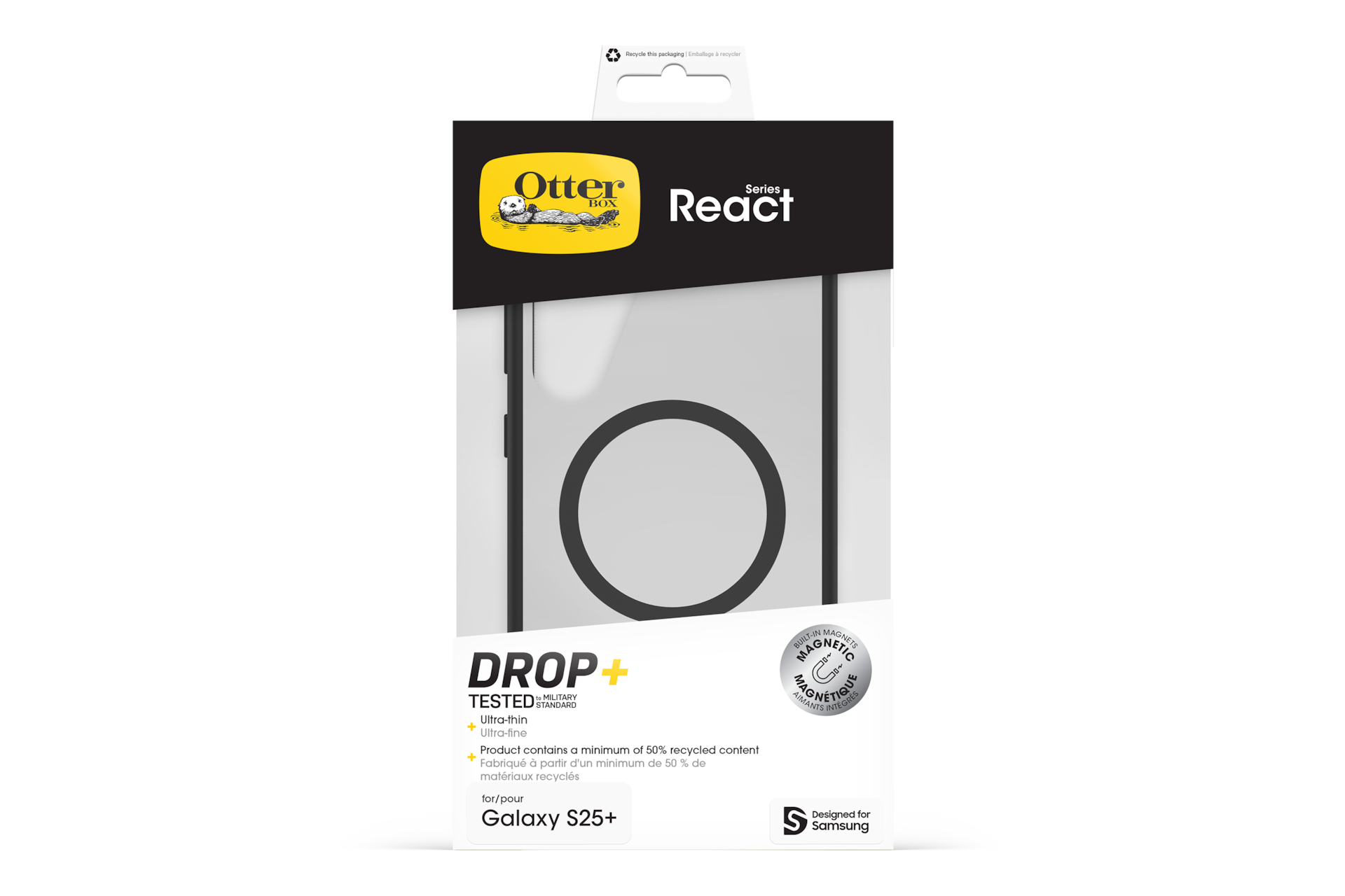 Custodia OtterBox React per Galaxy S25+. Caratteristiche: ultra sottile, magnetica e realizzata con materiali riciclati.
