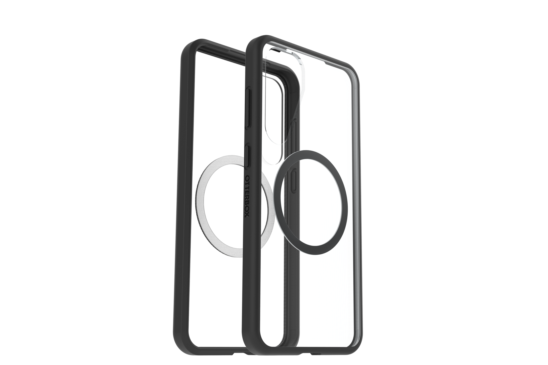 Due custodie trasparenti per telefono con bordi neri e anelli magnetici argentati su sfondo nero. Logo Otterbox visibile.