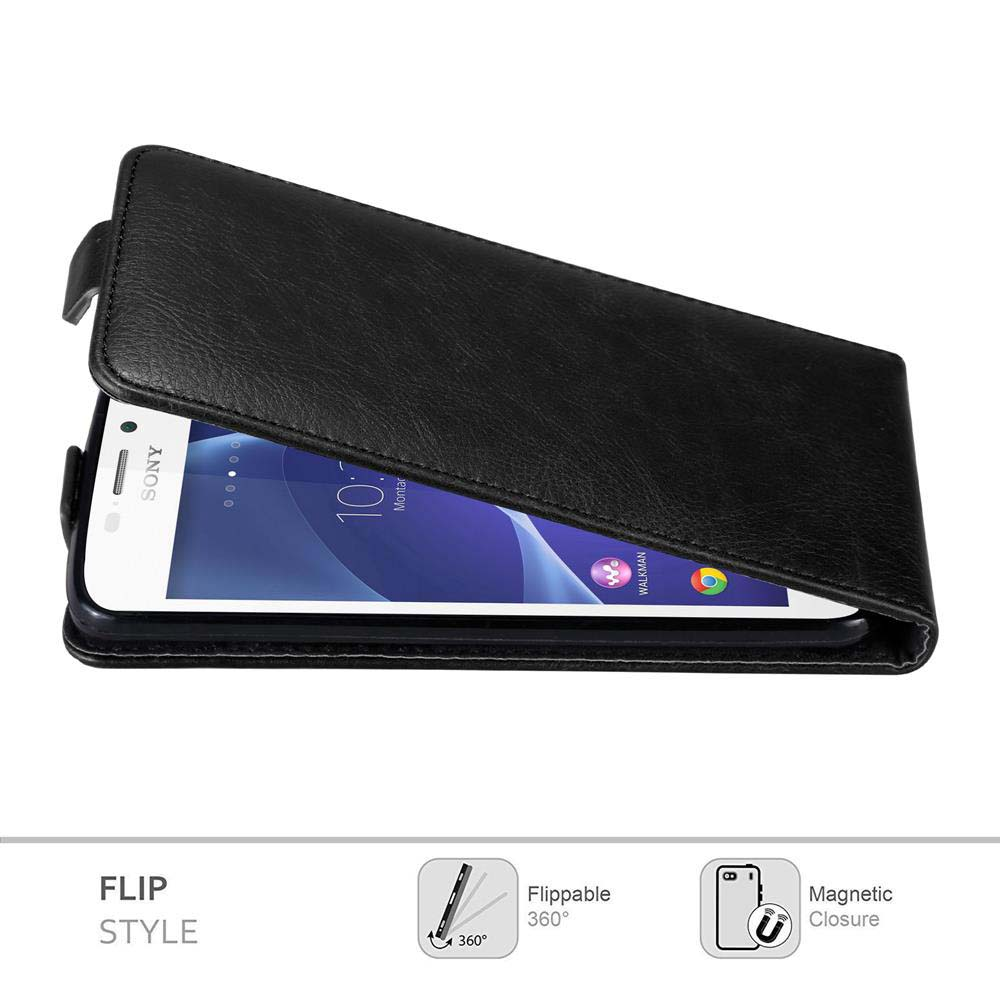 Funda de teléfono negra con un teléfono Sony dentro. El teléfono muestra un reloj e iconos. La funda está abierta, mostrando el teléfono.