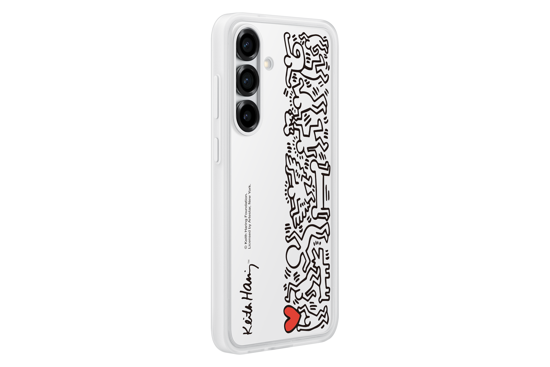 Funda de teléfono blanca con figuras negras de Keith Haring y un corazón rojo. El teléfono tiene tres lentes.