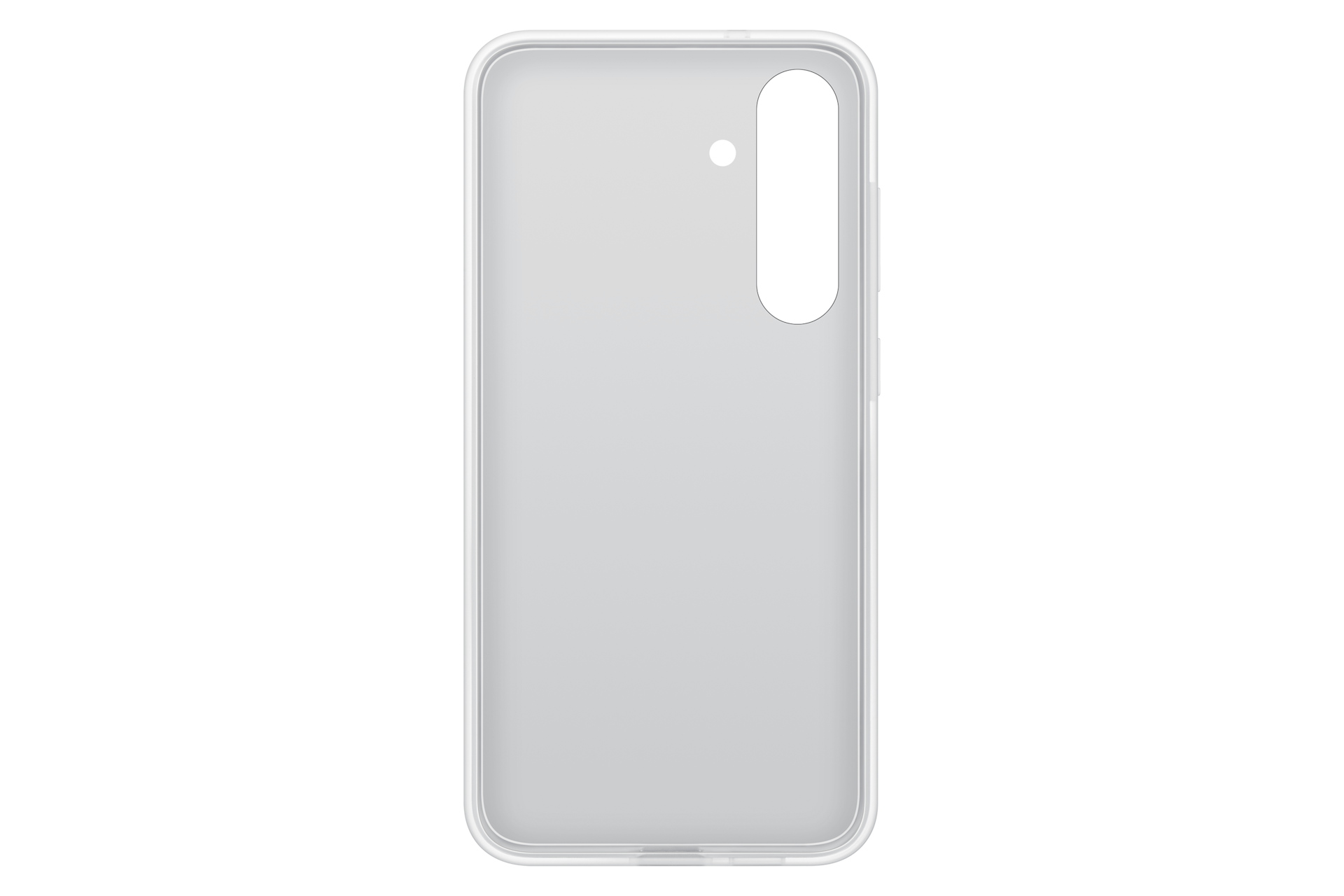 Una funda transparente para teléfono, con un recorte para la cámara y un pequeño punto encima, centrada sobre un fondo negro.
