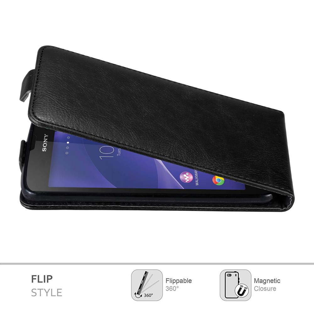 Funda negra para teléfono plegable con un teléfono Sony dentro. La pantalla muestra la hora y aplicaciones. La funda está abierta.