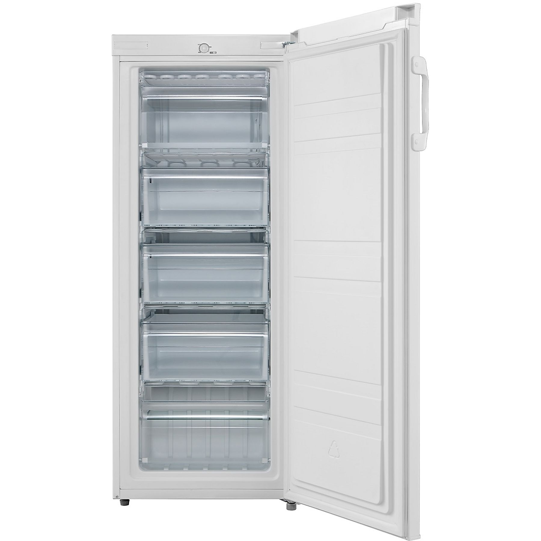 Un congelatore verticale bianco con la porta aperta, che mostra ripiani e cassetti. La porta ha una maniglia.