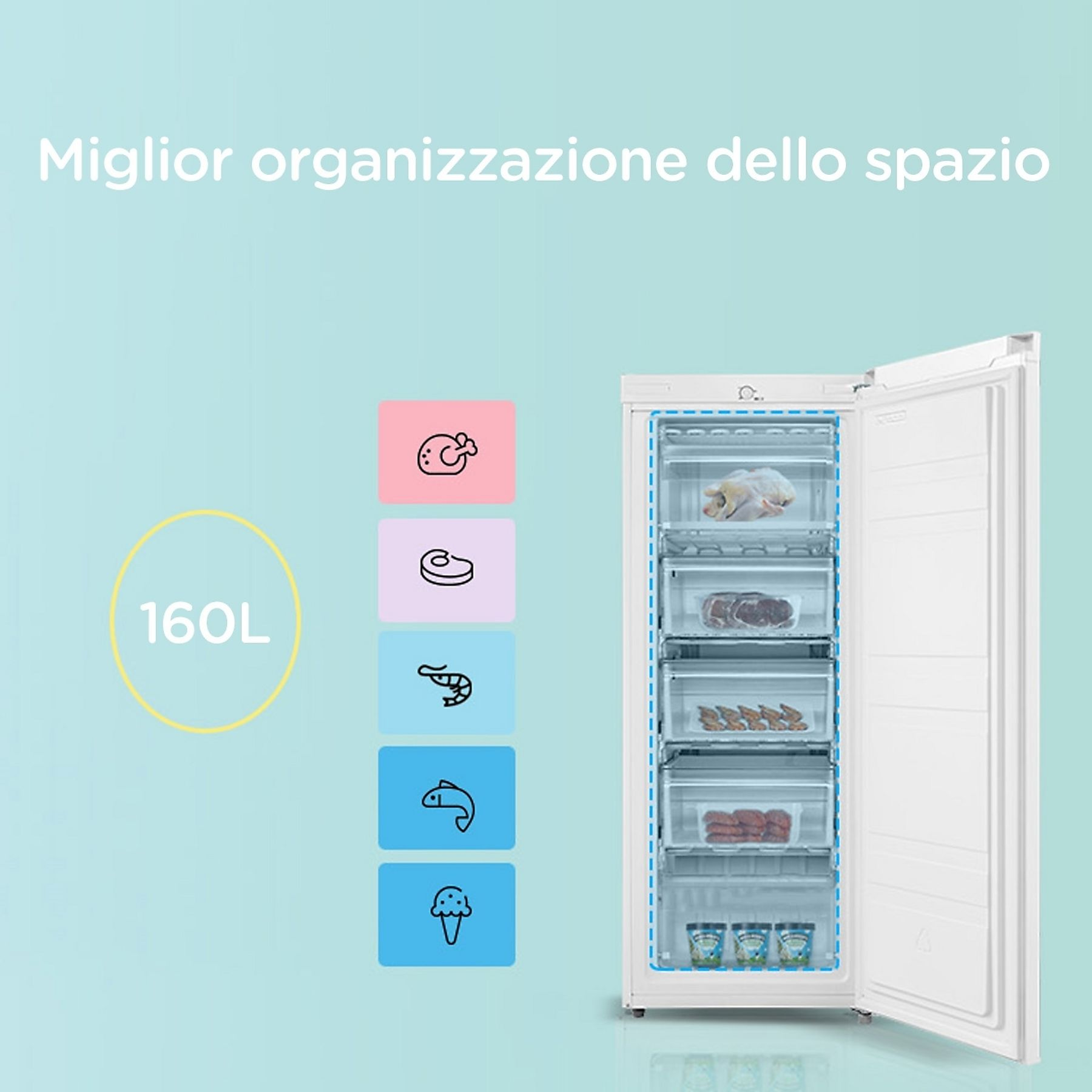 Un congelatore bianco con la porta aperta, che mostra lo stoccaggio degli alimenti. Le icone degli alimenti sono visualizzate sul lato sinistro.
