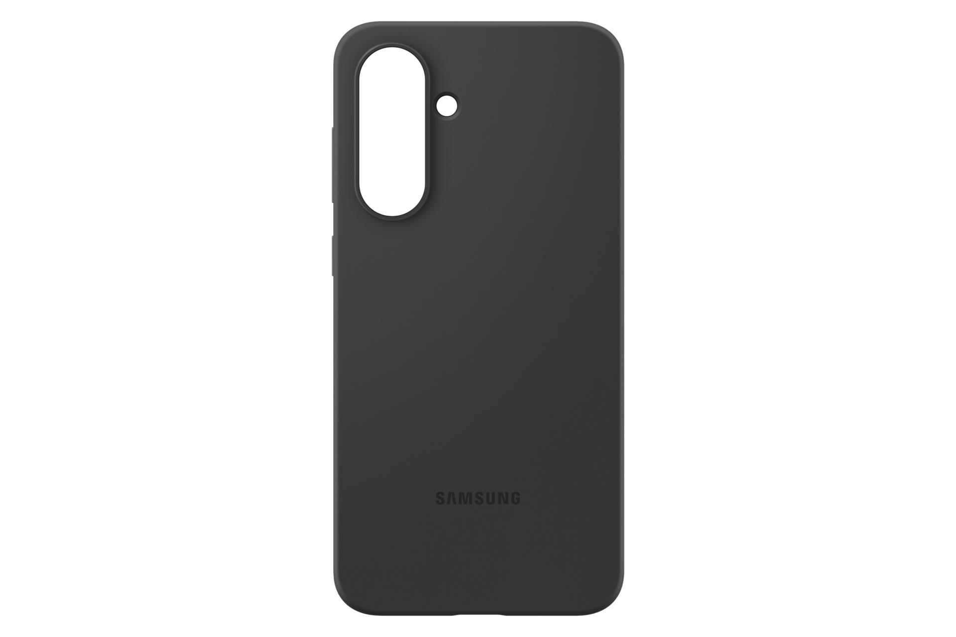 Dunkelgraue Handyhülle mit Aussparungen für Kamera und Knöpfe, auf schwarzem Hintergrund. Samsung-Logo unten.