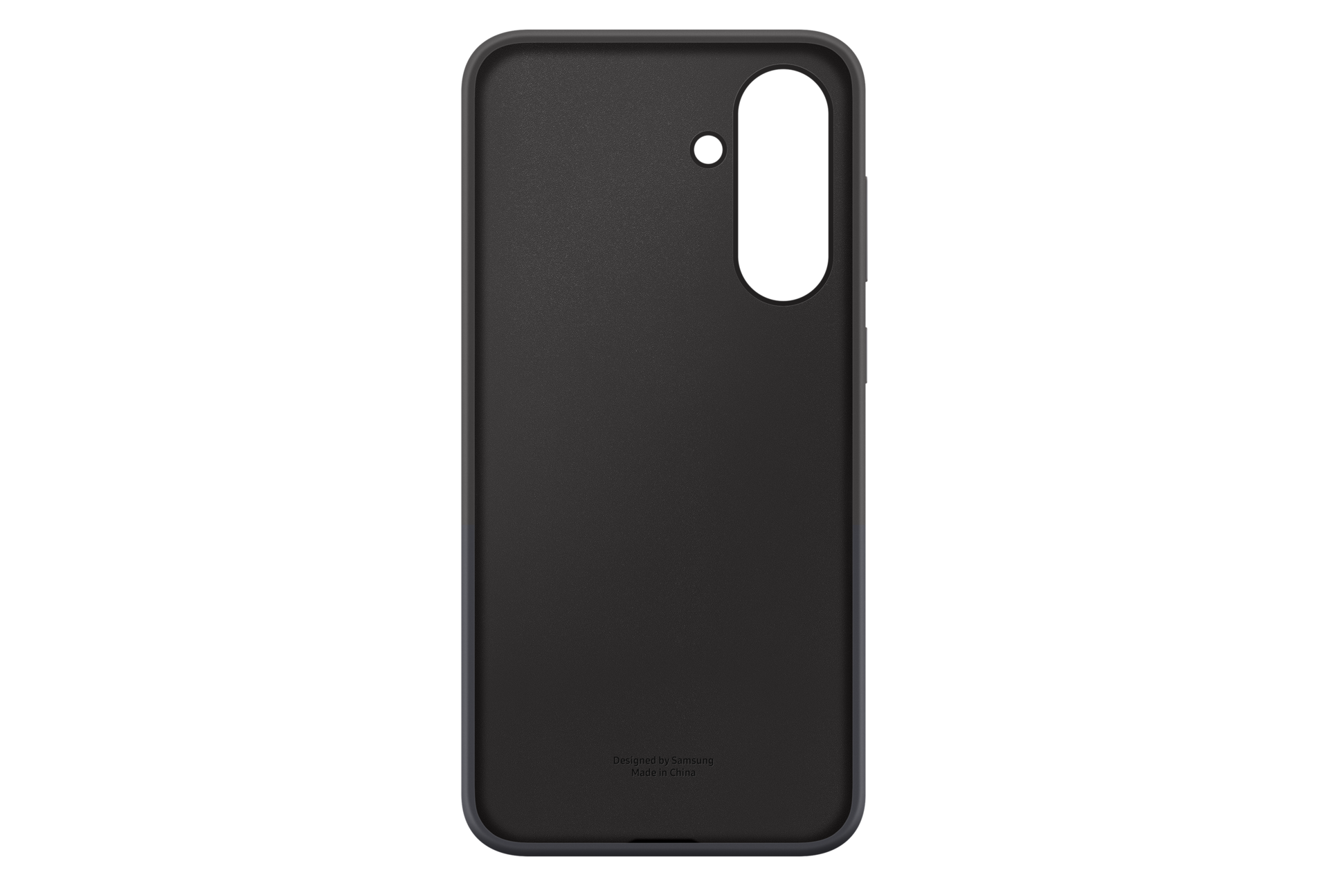 Eine dunkelgraue Handyhülle mit Kameraausschnitt und Seitentasten vor schwarzem Hintergrund. Auf der Hülle steht: Designed by Samsung.