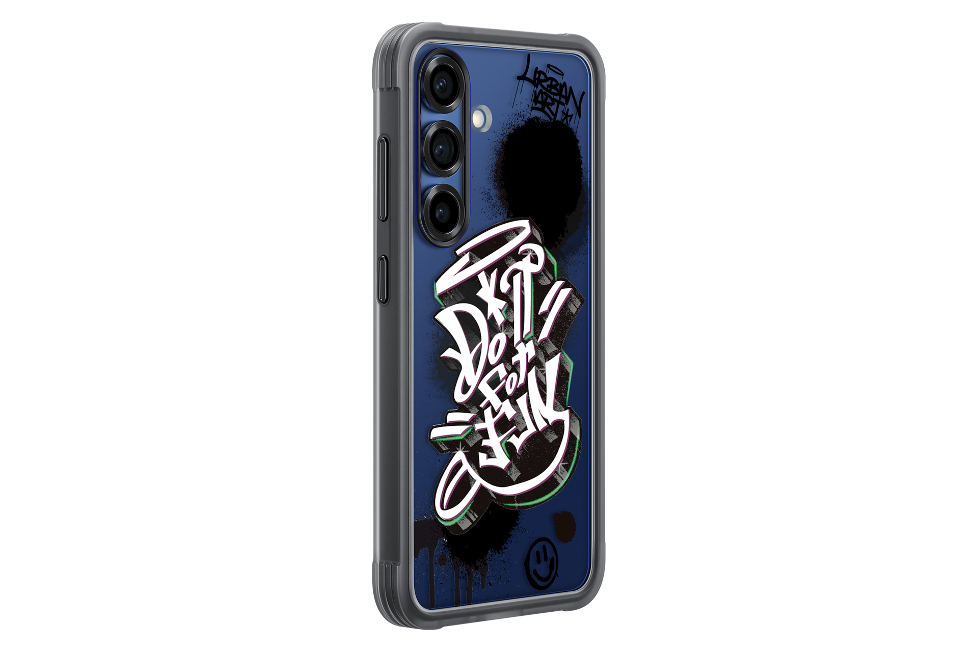 Eine Handyhülle mit Graffiti-Kunst. Das Design zeigt "Do it for Fun" mit schwarzen, weißen und grünen Akzenten auf dunklem blauem Hintergrund.