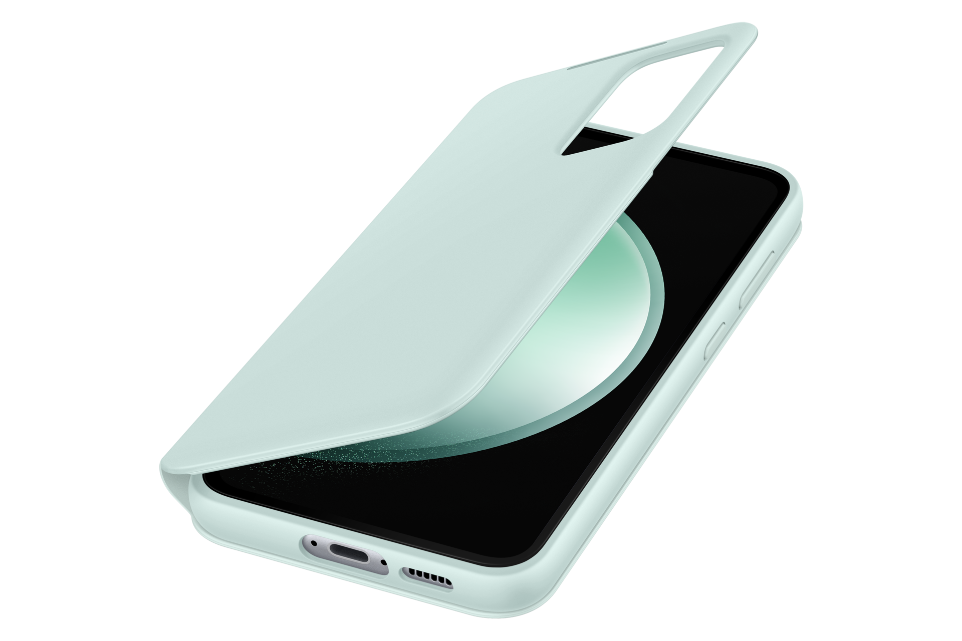 Una custodia verde menta copre parzialmente un telefono nero. La custodia è aperta, rivelando lo schermo. Sfondo nero.