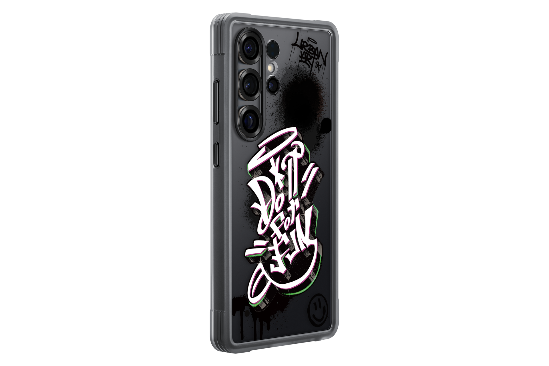 Telefoonhoesje met graffiti met 'Do it for fun'. Zwarte achtergrond met een smiley en tekst.