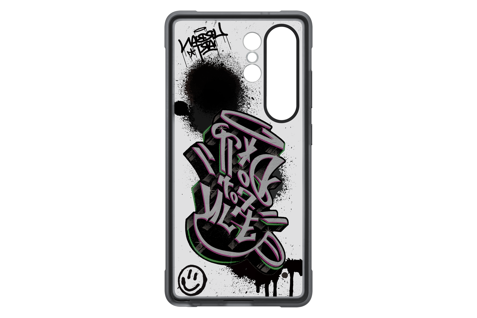 Telefoonhoesje met graffiti-kunst. Zwarte spuitverf, tekst 'Fix to Life', smiley en zwarte druppels op een witte achtergrond.