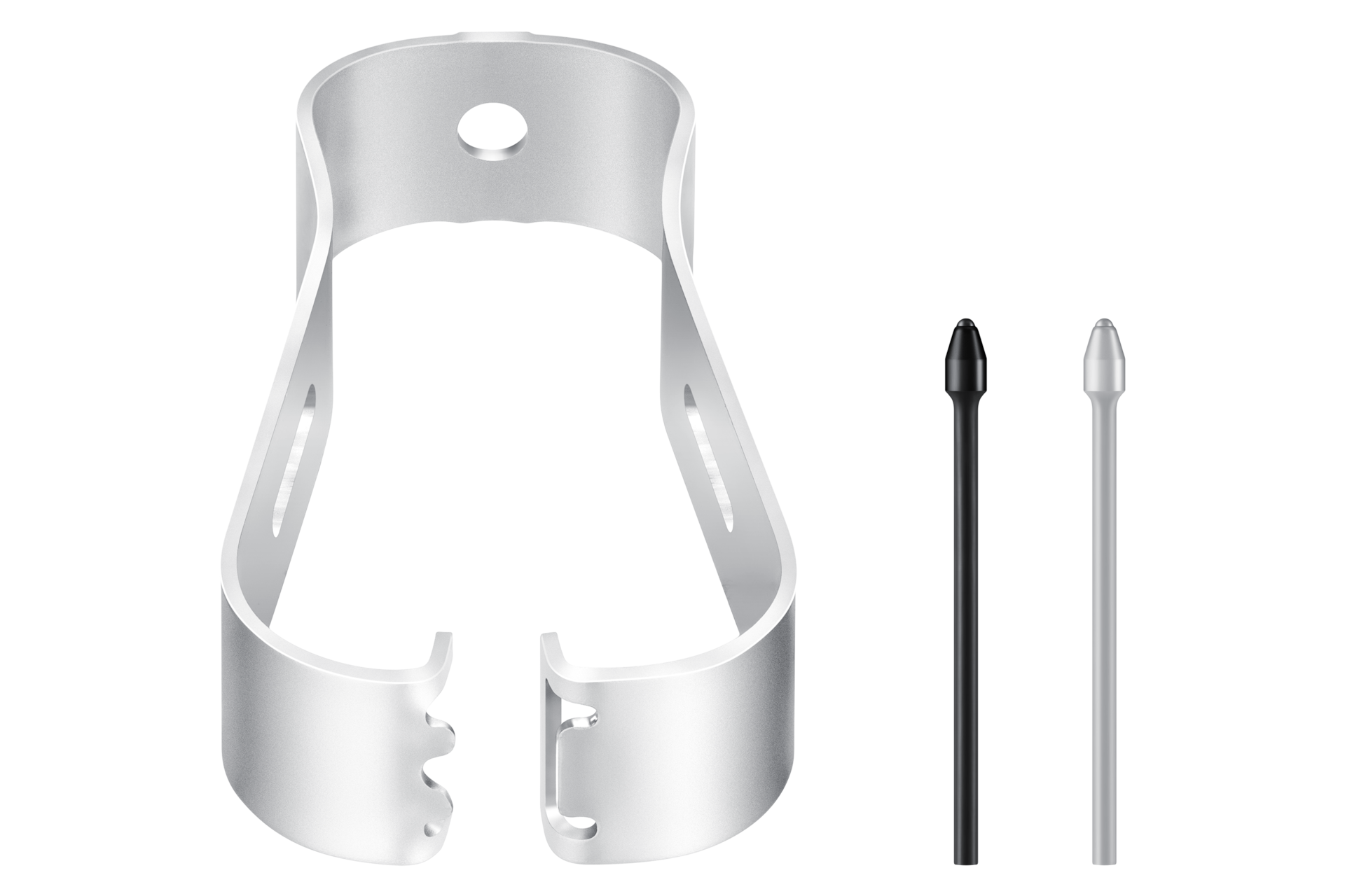 Srebrny metalowy klips z otworem i dwoma rysikami, czarnym i srebrnym, na czarnym tle.
