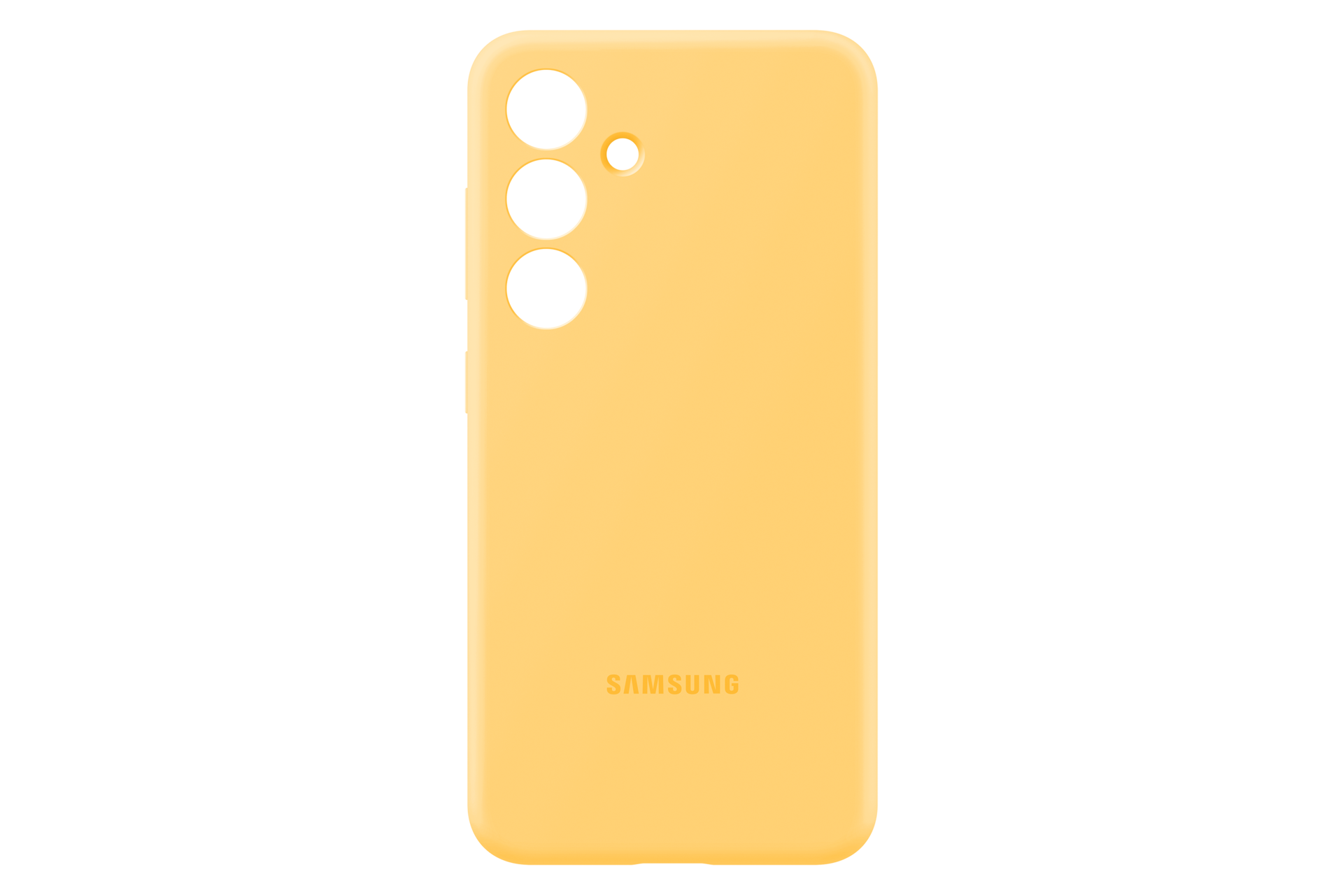 Een gele telefoonhoes met drie cameraholes en een Samsung-logo op een zwarte achtergrond.