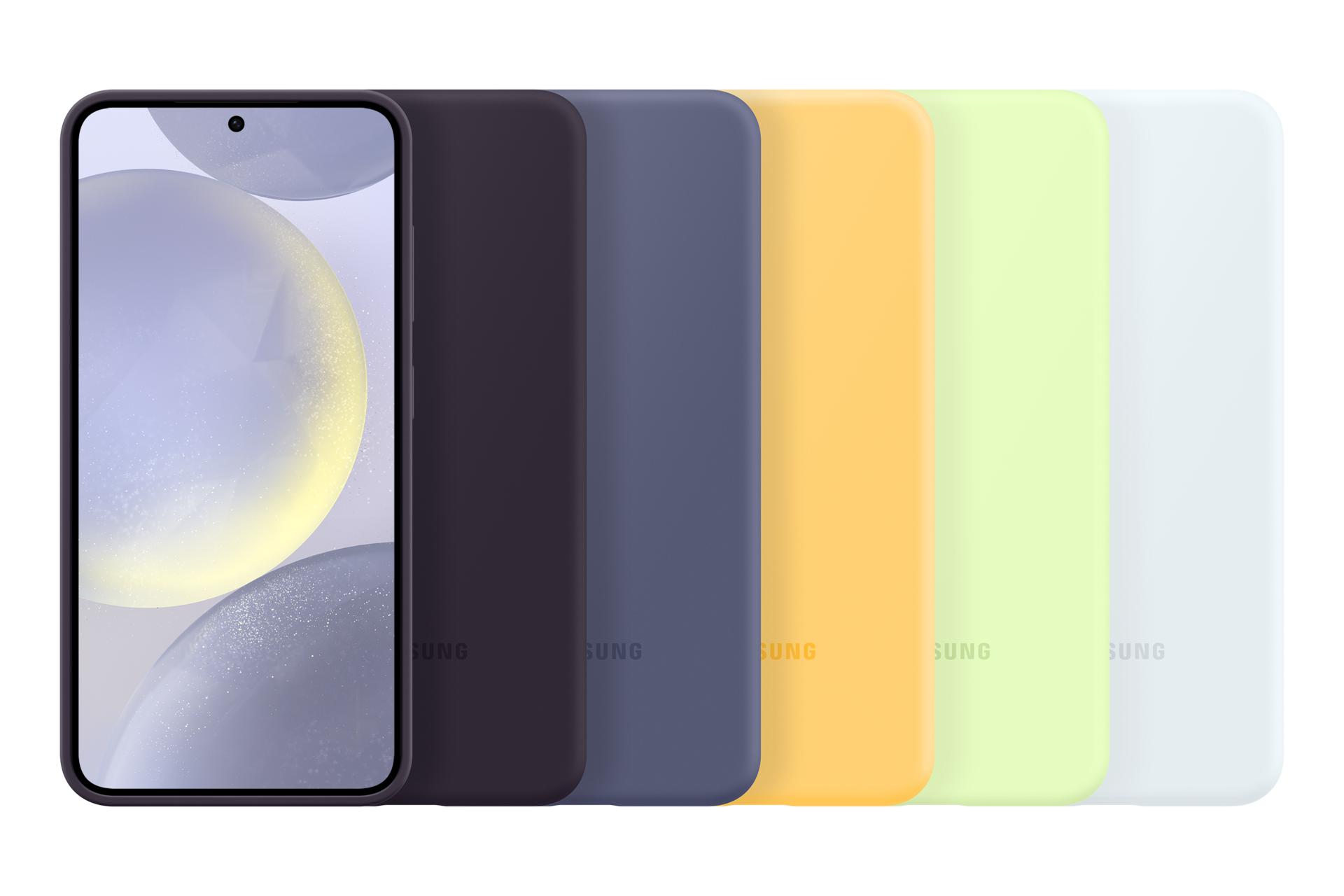 Een smartphone met een wazig ontwerp op het scherm, naast een rij kleurrijke telefoonhoesjes: donkerpaars, blauw, geel, groen en wit.