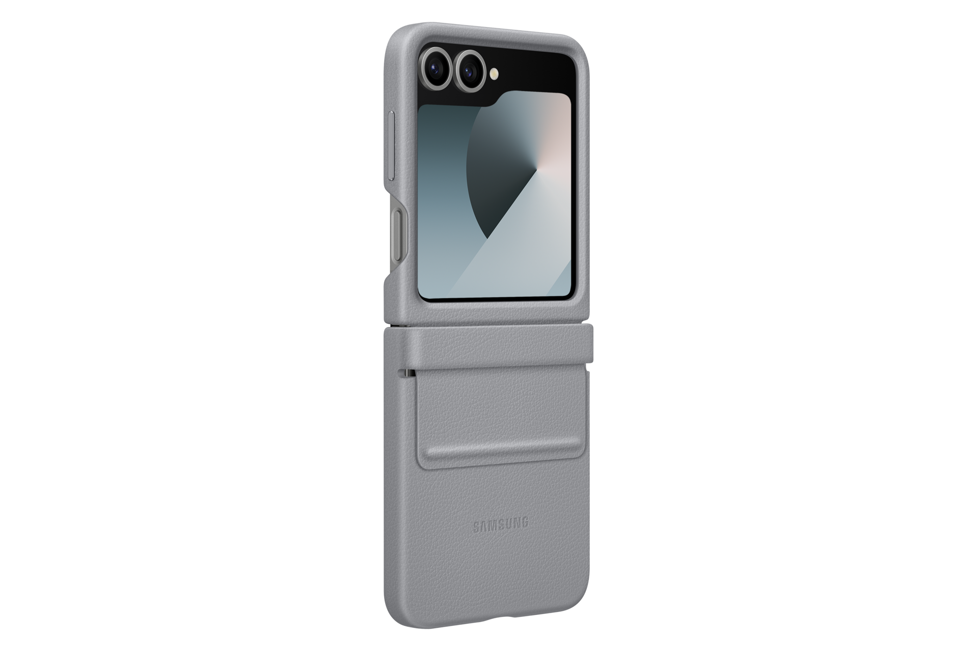 Un teléfono Samsung Z Flip gris en una funda, con la pantalla abierta. La funda tiene una superficie texturizada y el logo Samsung.