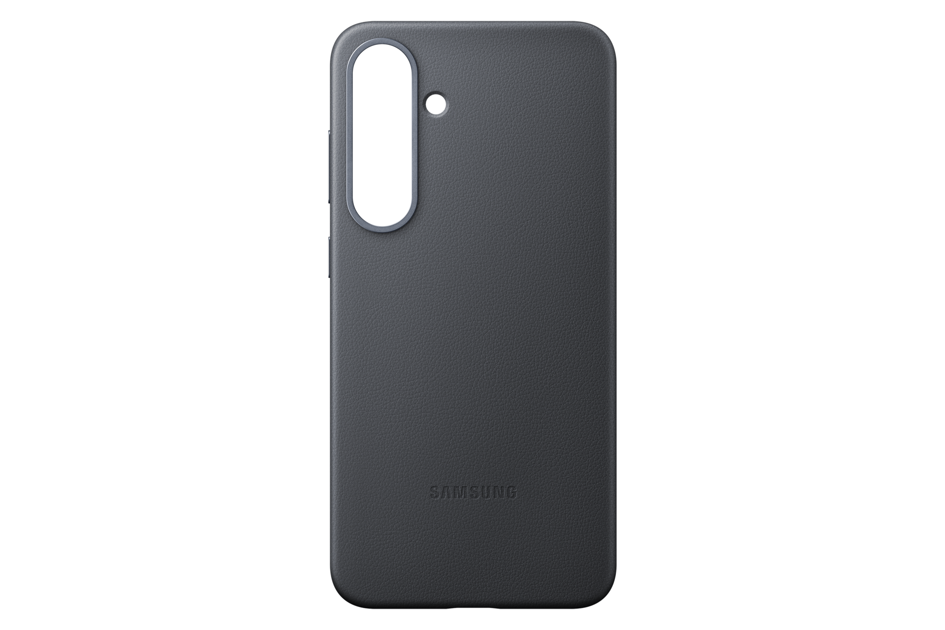 Dunkelgraue Handyhülle auf schwarzem Hintergrund. Sie hat einen Kameraausschnitt, ein Loch und das Samsung-Logo.