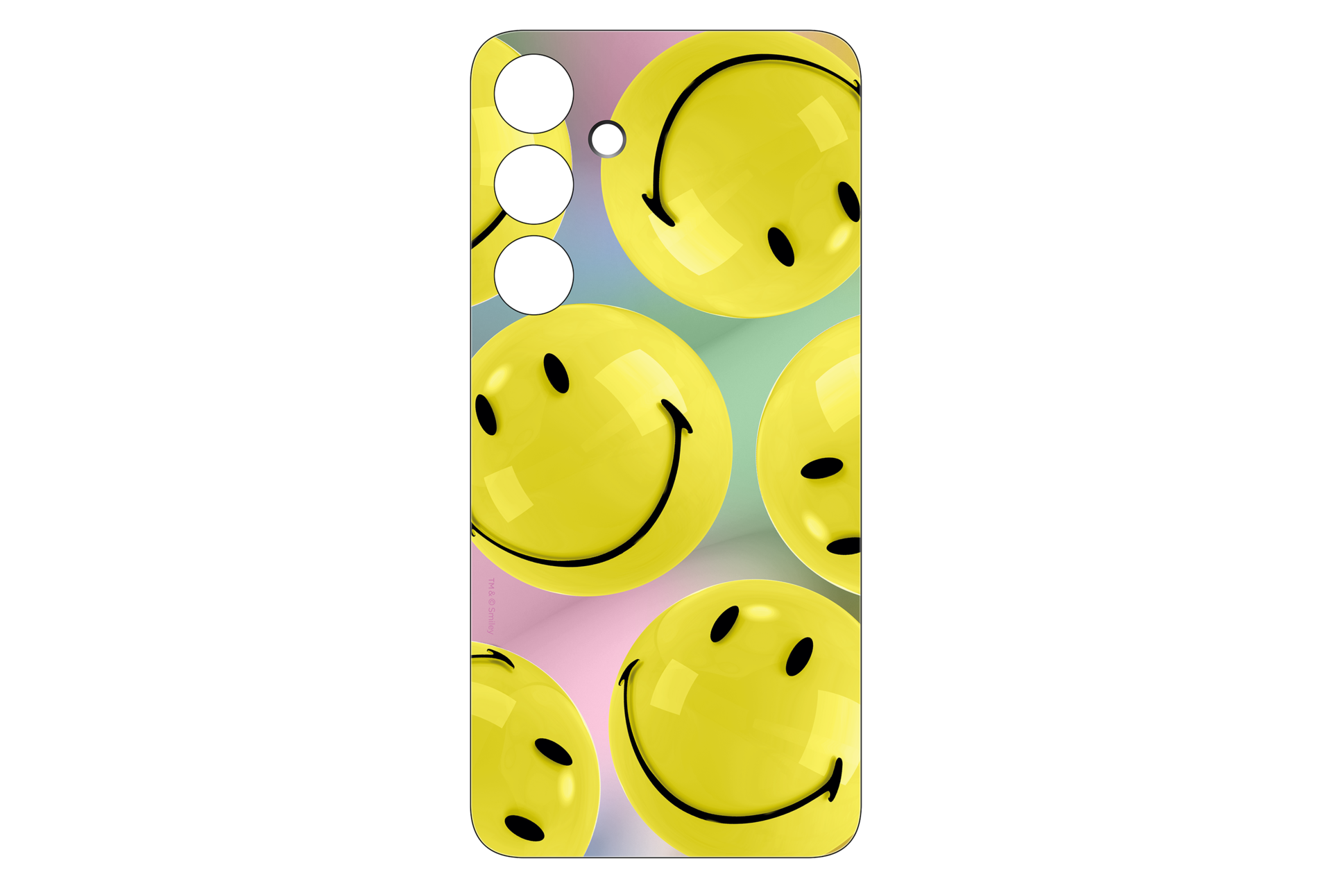 Etui na telefon z żółtymi buźkami. Tło ma pastelowe kolory.