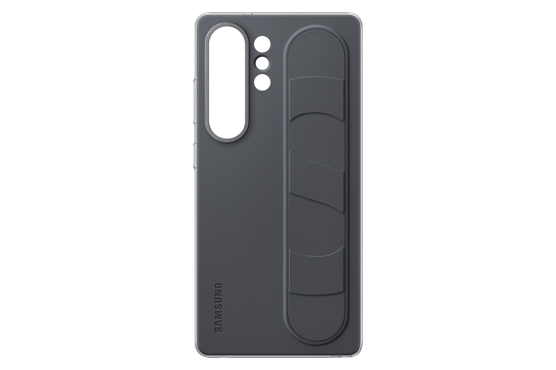 Dunkelgraue Samsung Handyhülle. Sie hat Öffnungen für die Kamera und eine Standfunktion. Das Samsung-Logo ist sichtbar.