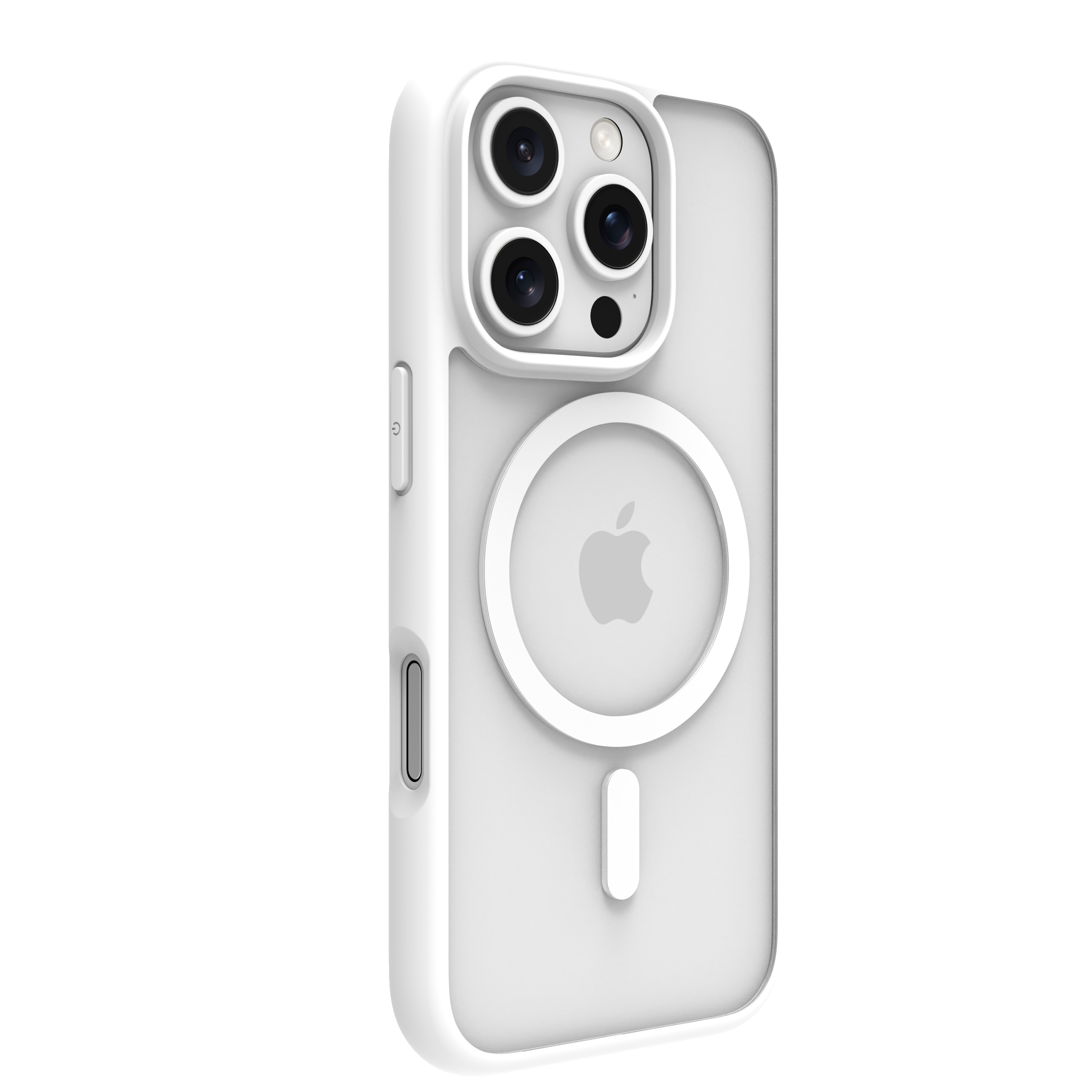 Una cover bianca per iPhone con fori per fotocamera e logo Apple, su sfondo bianco.