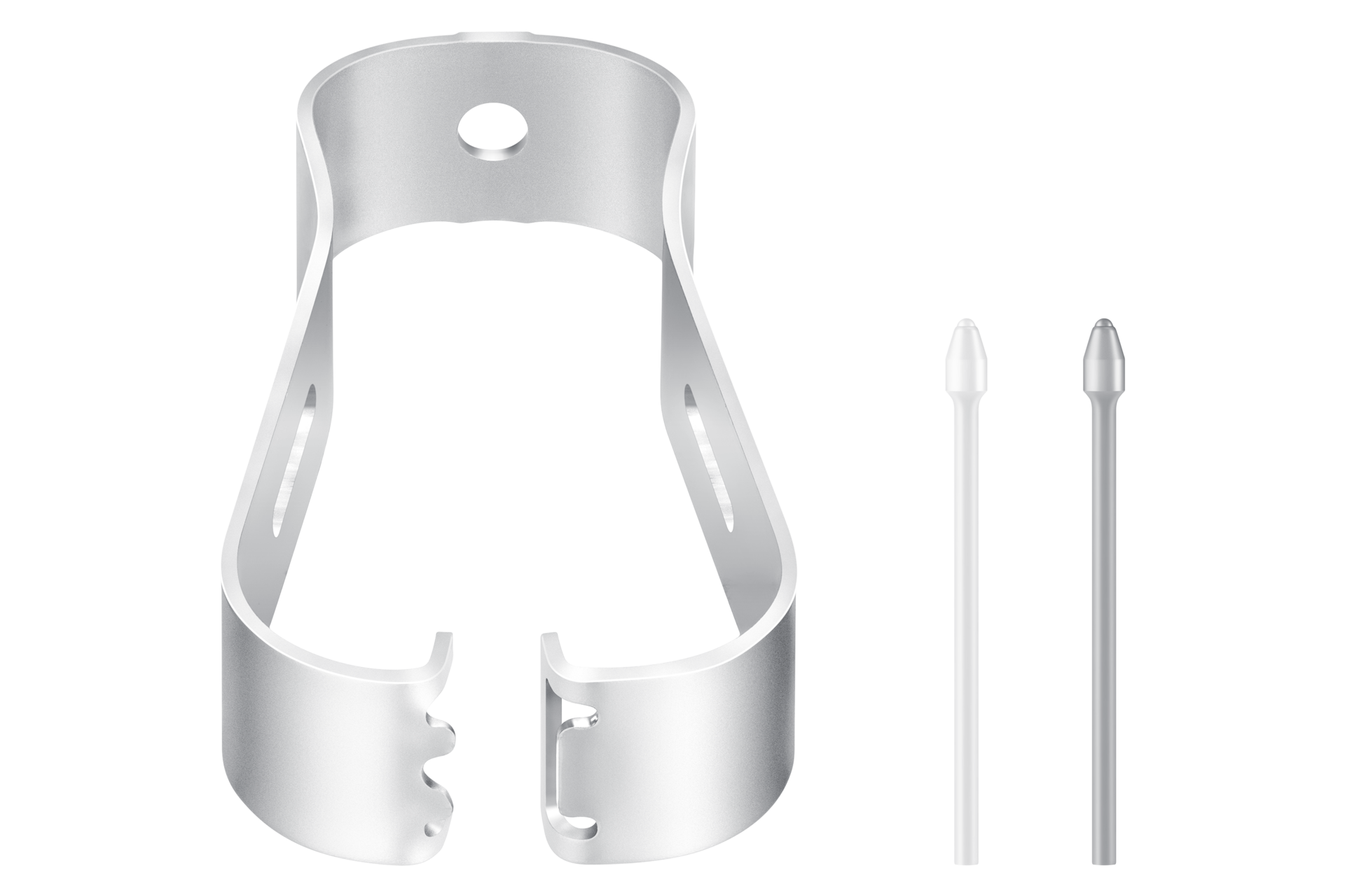 Srebrna zacisk z dwoma małymi otworami i dwoma białymi rysikami na czarnym tle.