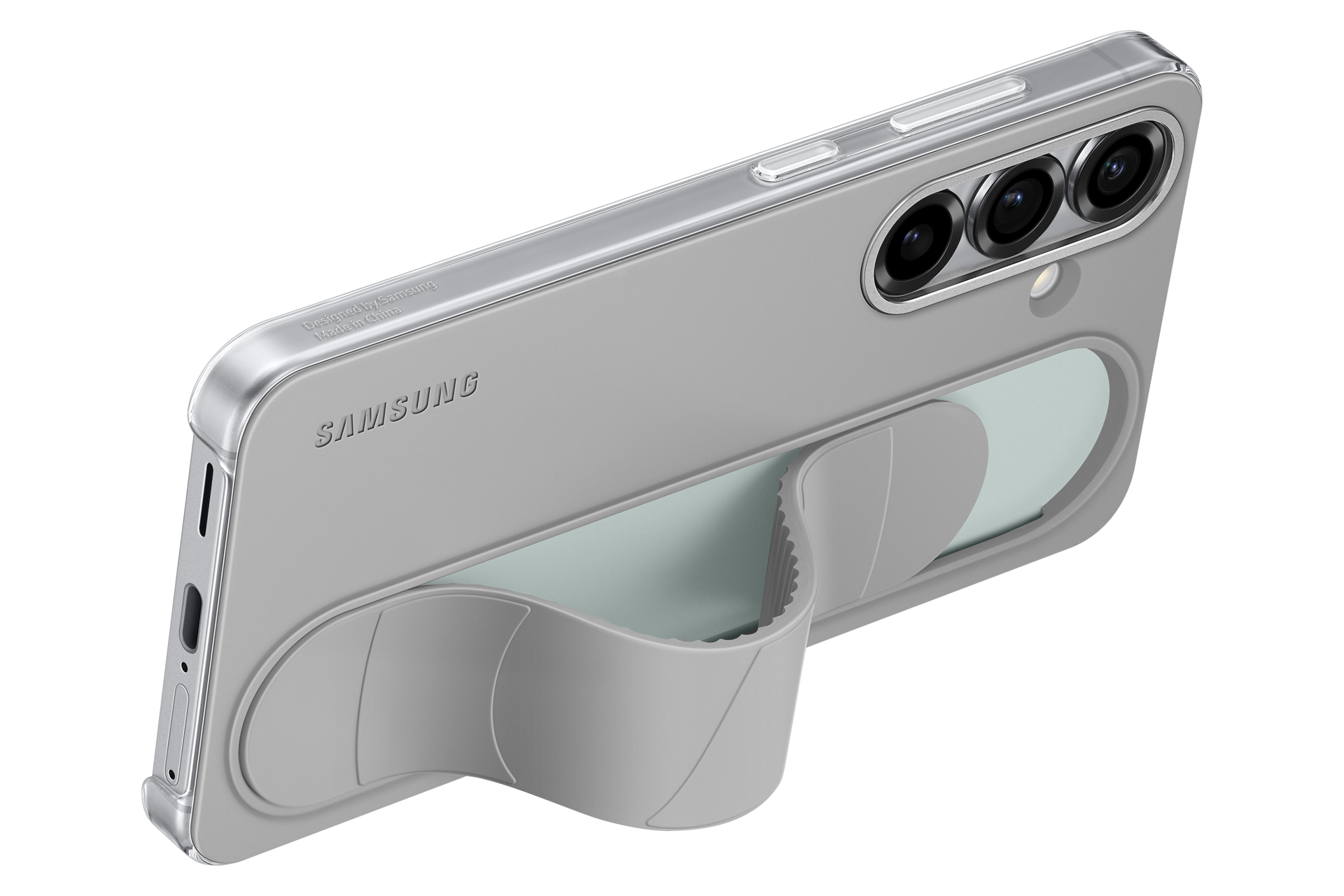 Una custodia grigia per telefono Samsung con impugnatura integrata. Ha tre fotocamere e il logo Samsung. Lo sfondo è nero.