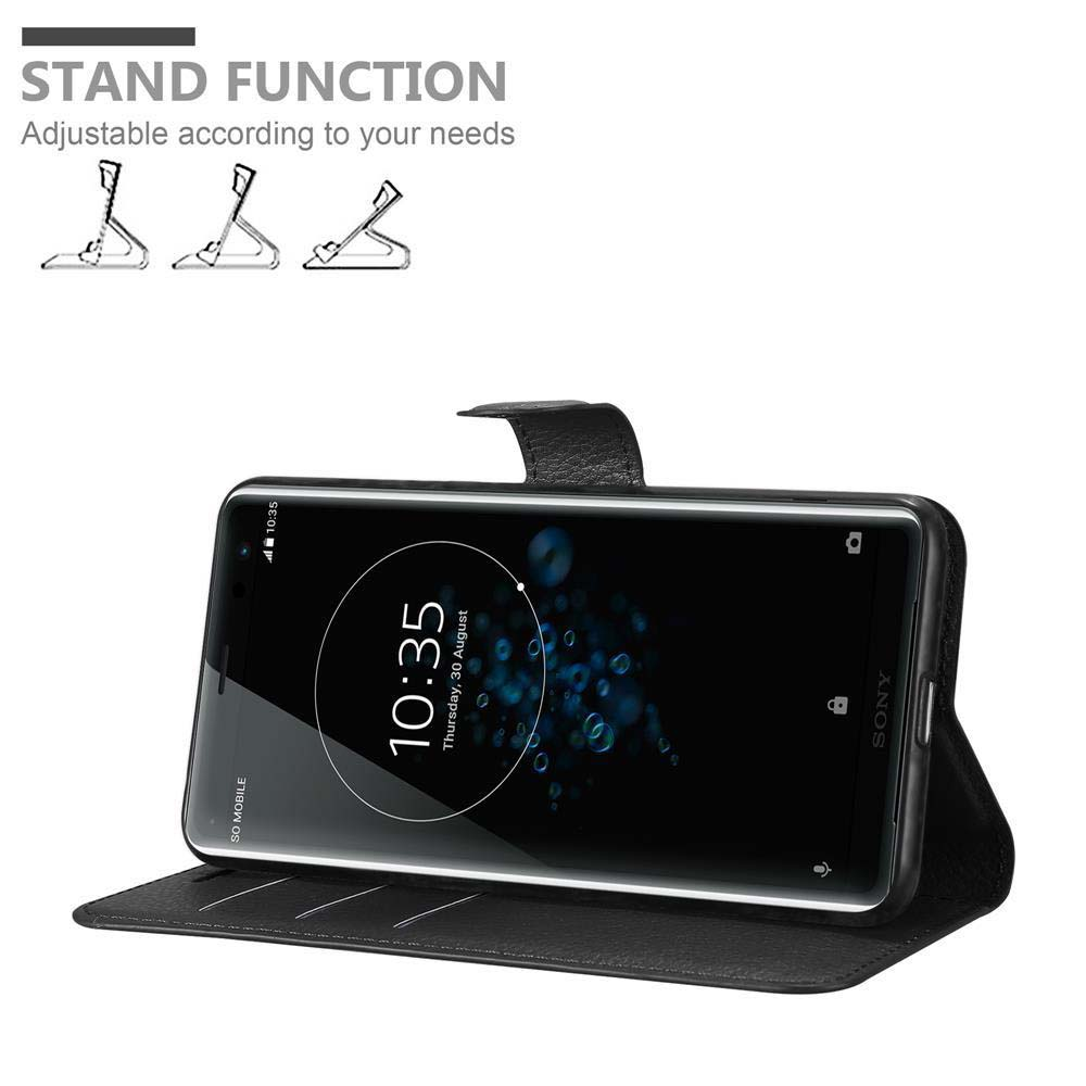 Custodia per telefono nera con un telefono che mostra le 10:35. La custodia è aperta, mostrando lo schermo del telefono e una funzione di supporto.