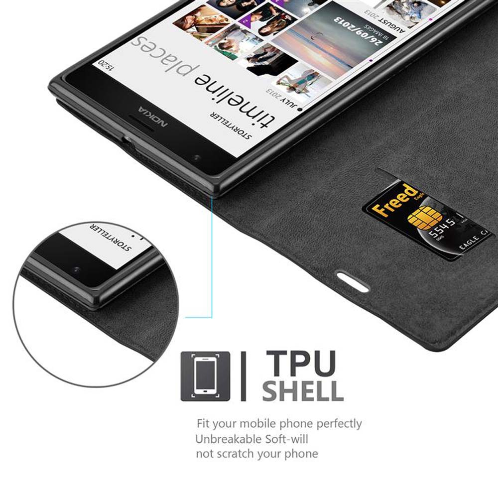 Un telefono Nokia in una custodia in TPU. Lo schermo mostra una cronologia. Una scheda Freed è sulla custodia. Il testo dice TPU SHELL.
