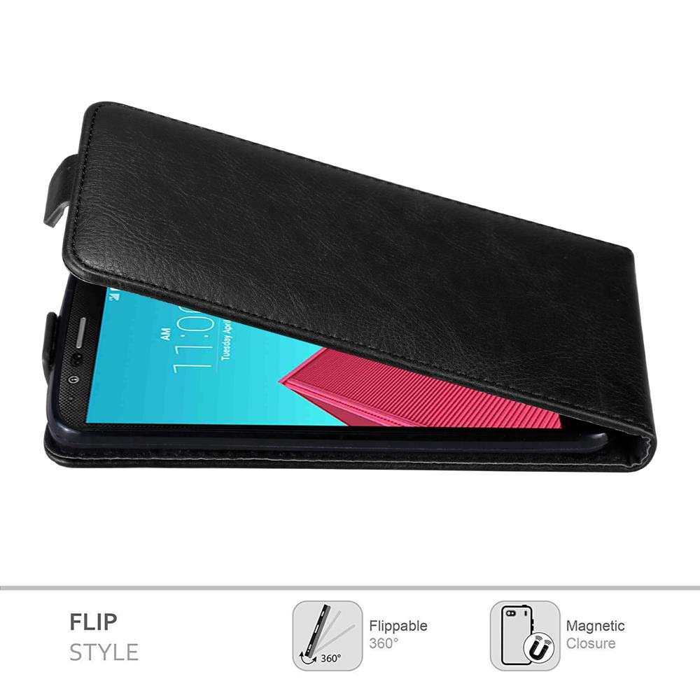 Una funda abatible negra para un teléfono, abierta para mostrar la pantalla con la hora. La funda tiene cierre magnético y rotación de 360 grados.