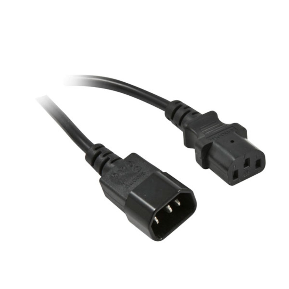 Un cavo di alimentazione nero con due connettori IEC 60320 C13. Il cavo è su sfondo bianco. I connettori sono angolati.