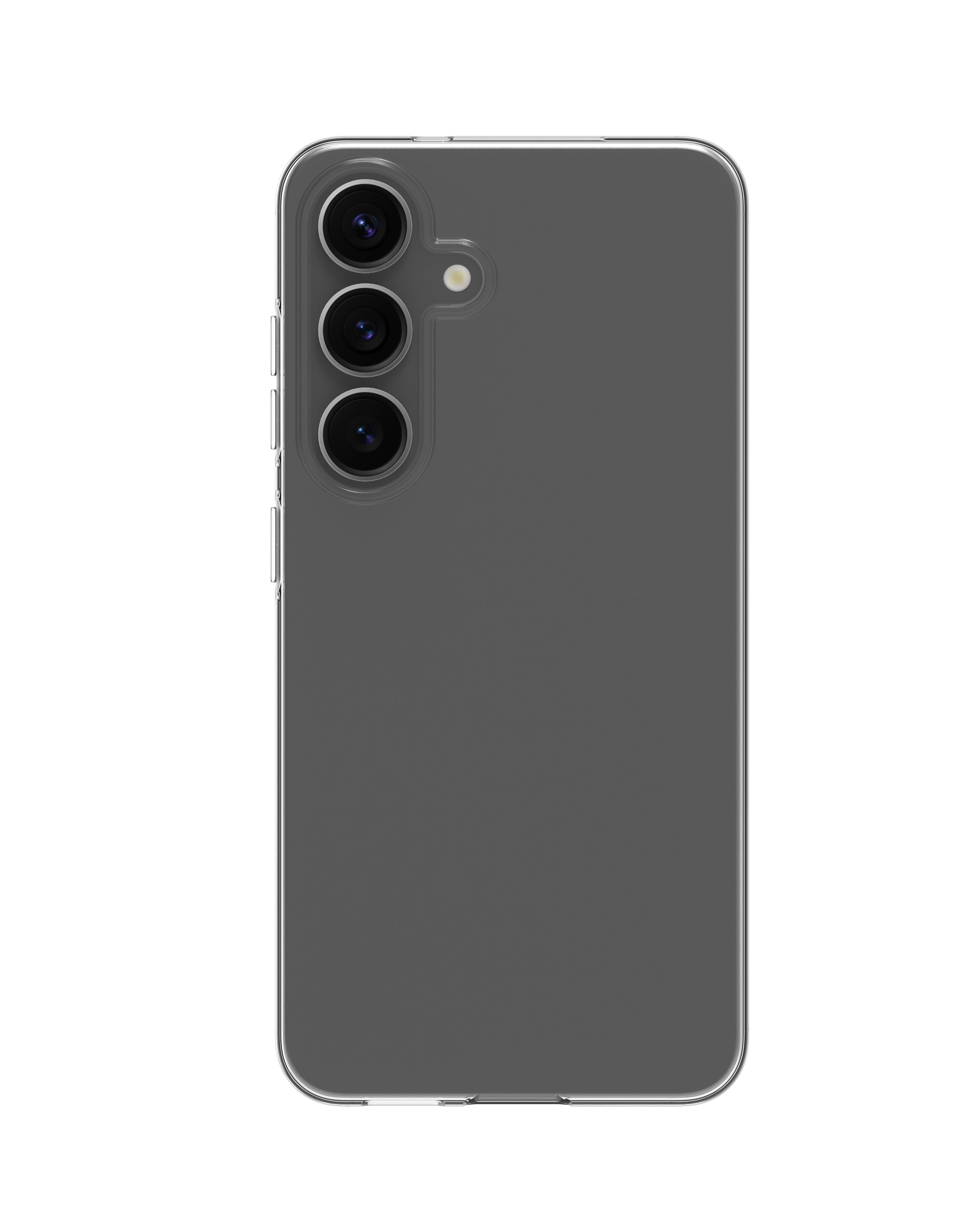 Viene mostrato uno smartphone grigio con tre fotocamere e un flash. Il telefono è in una custodia trasparente.