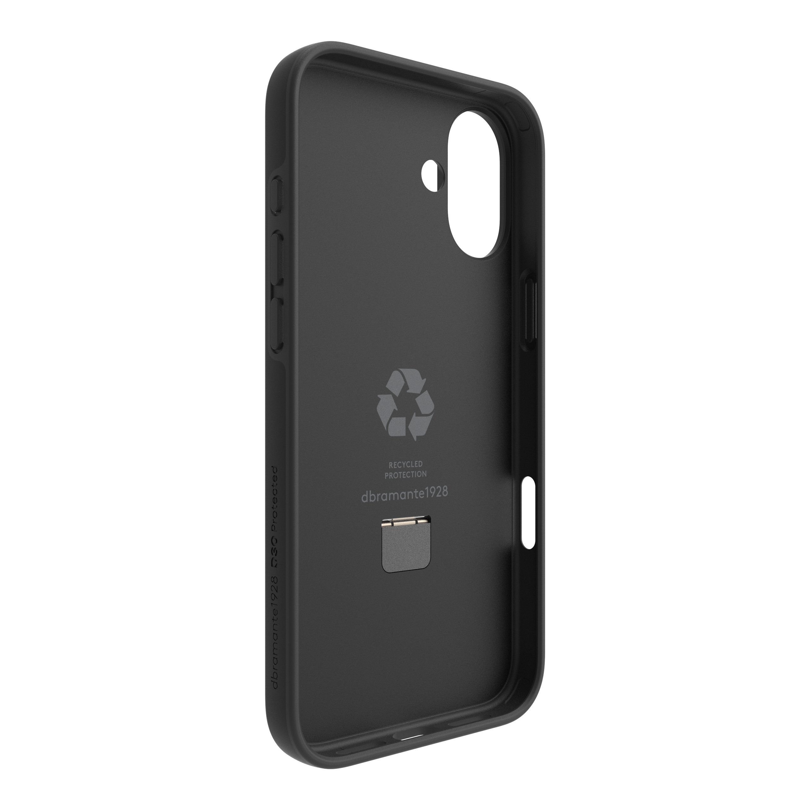 Custodia nera per telefono con ritaglio per fotocamera e logo riciclo. Visibili il marchio e la scritta 'Recycled Protection'.