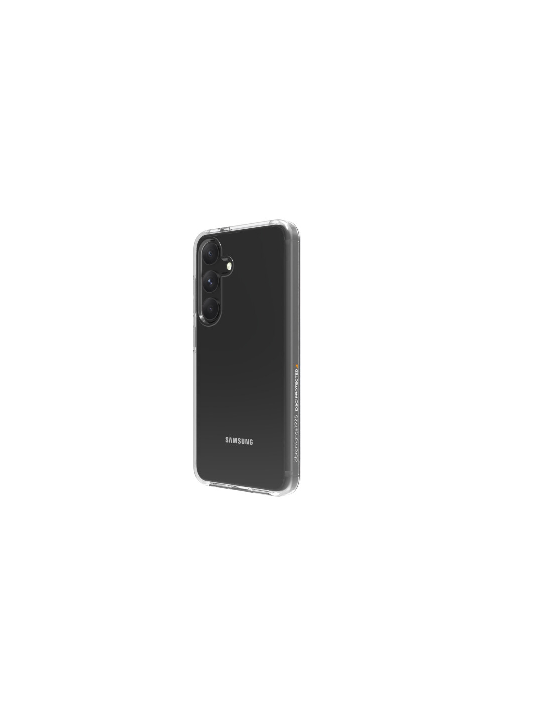 Uno smartphone Samsung con custodia protettiva trasparente. Il telefono è nero, con tripla fotocamera e logo Samsung.