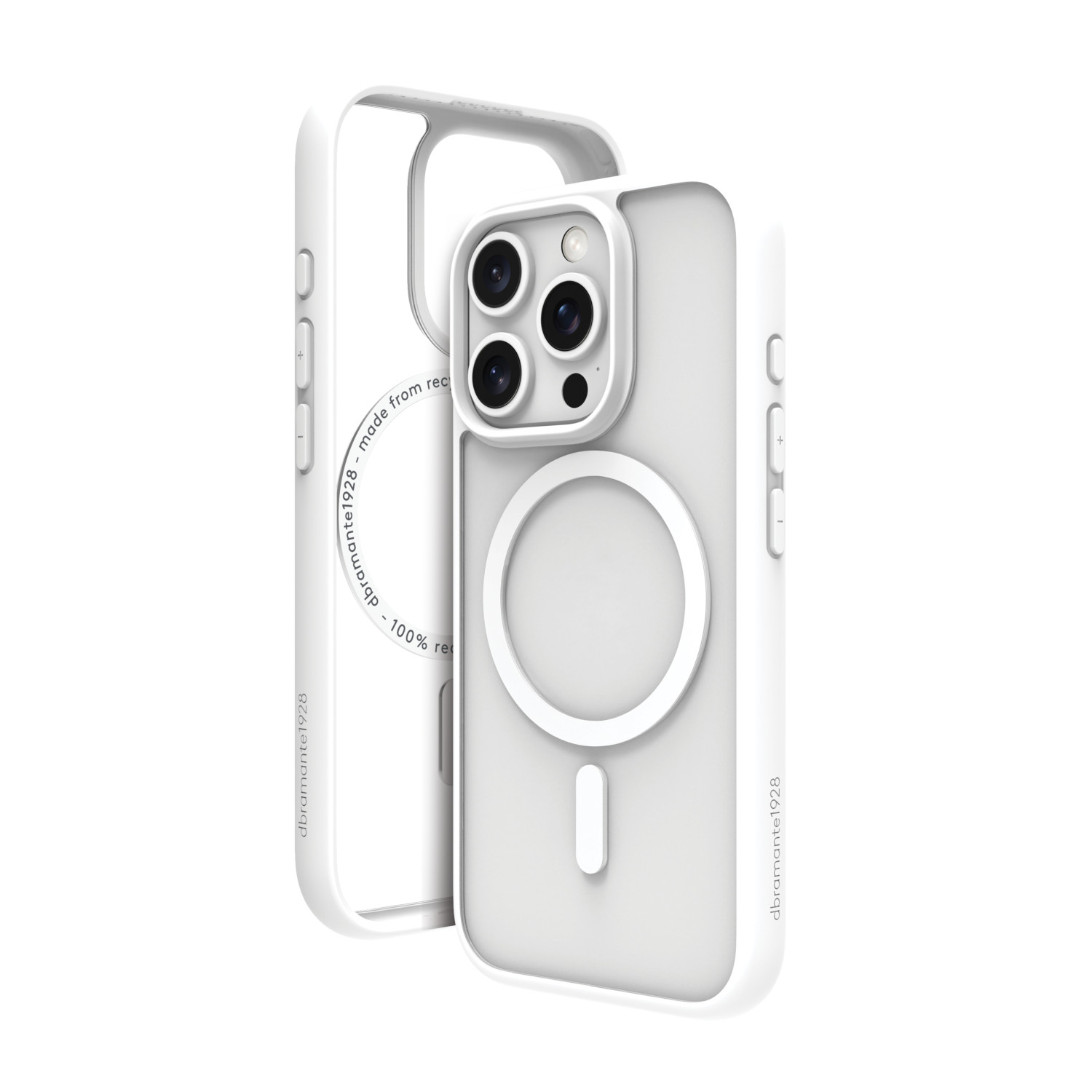 Due custodie bianche per iPhone. Una è trasparente, l'altra è bianca con anello MagSafe e modulo fotocamera. Entrambe hanno il marchio stampato.