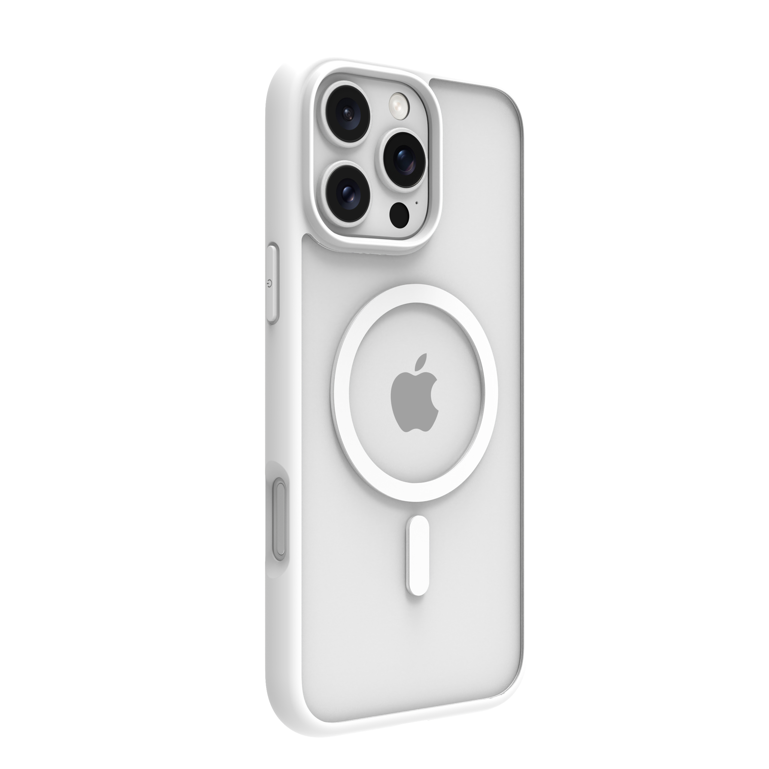Custodia bianca per iPhone con ritagli per fotocamera e logo Apple. La custodia ha copri pulsanti. Lo sfondo è bianco.