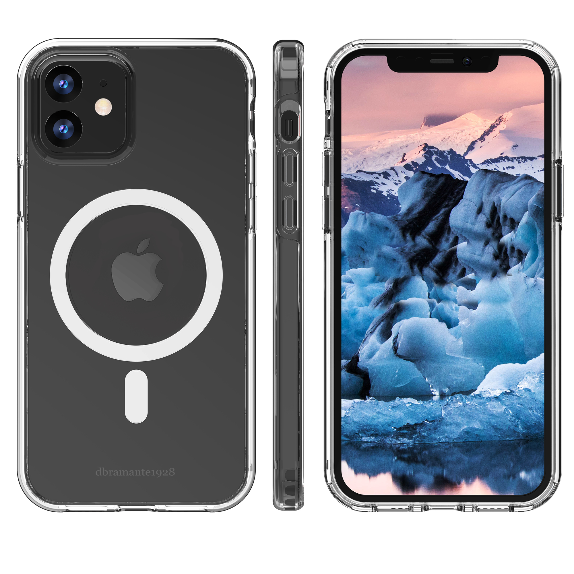 Custodia trasparente per iPhone, tre viste. Il telefono mostra un'immagine del ghiacciaio. La custodia ha un anello magnetico e il logo Apple.