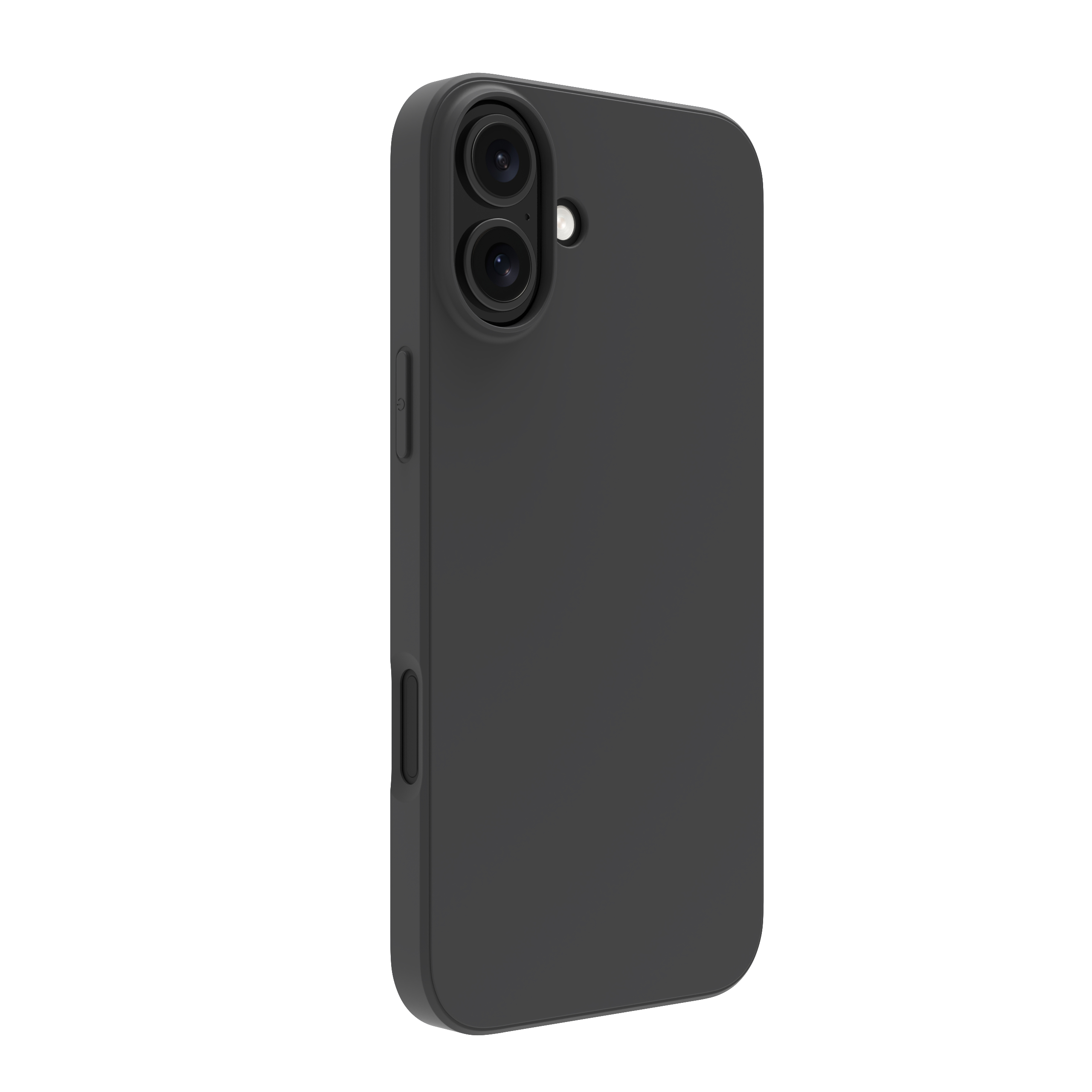 Una custodia per telefono grigio scuro con lenti della fotocamera e pulsanti visibili su sfondo bianco.