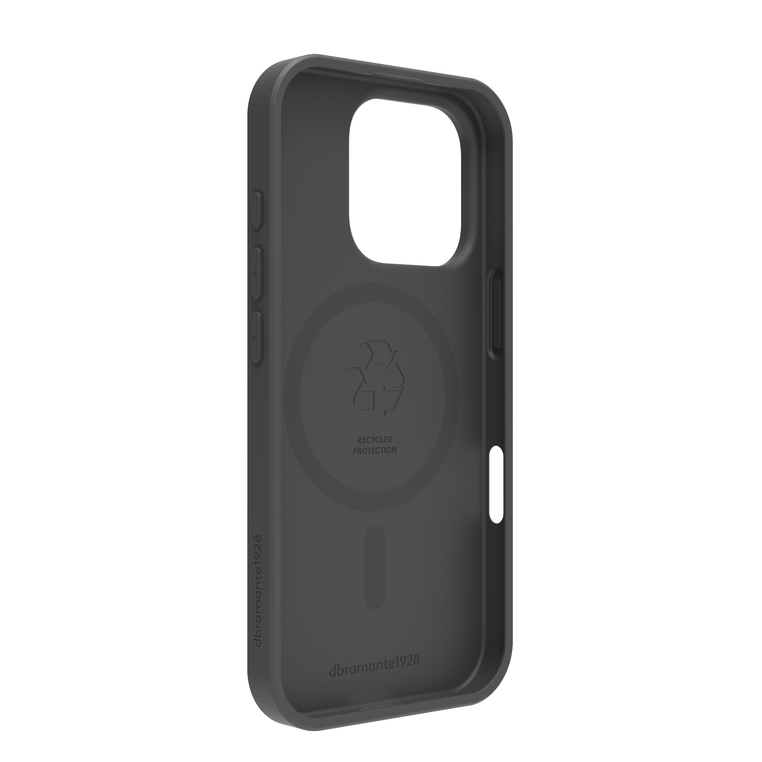 Una custodia per telefono grigio scuro, con fori per fotocamera e pulsanti. Ha un simbolo di riciclaggio e la scritta 'Recycled Protection'.