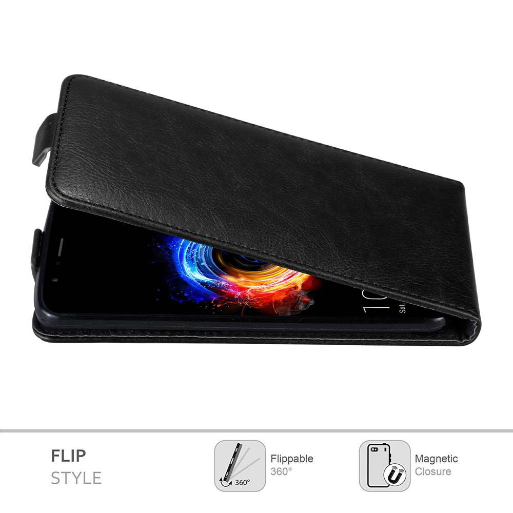 Schwarze Klapp-Handyhülle offen, zeigt den Bildschirm des Telefons mit farbenfrohem Hintergrund. Handyhülle hat Magnetverschluss und 360-Grad-Flip.