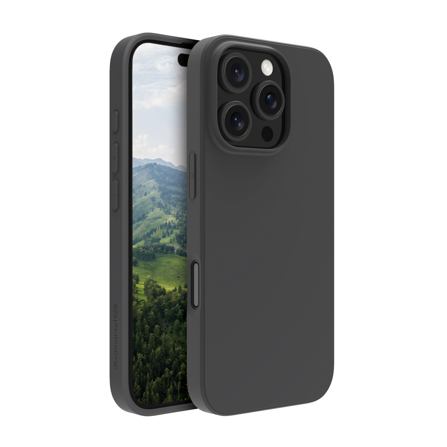 Una custodia per telefono grigio scuro accanto a un telefono che mostra un paesaggio di colline verdi e alberi. La custodia ha più lenti per fotocamera.