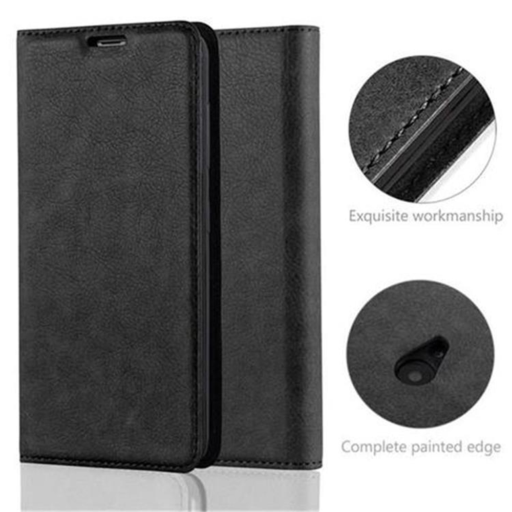 Schwarze Leder-Handyhülle mit zwei Teilen. Details: Exquisite Verarbeitung und vollständige lackierte Kante sind in Kreisen dargestellt.