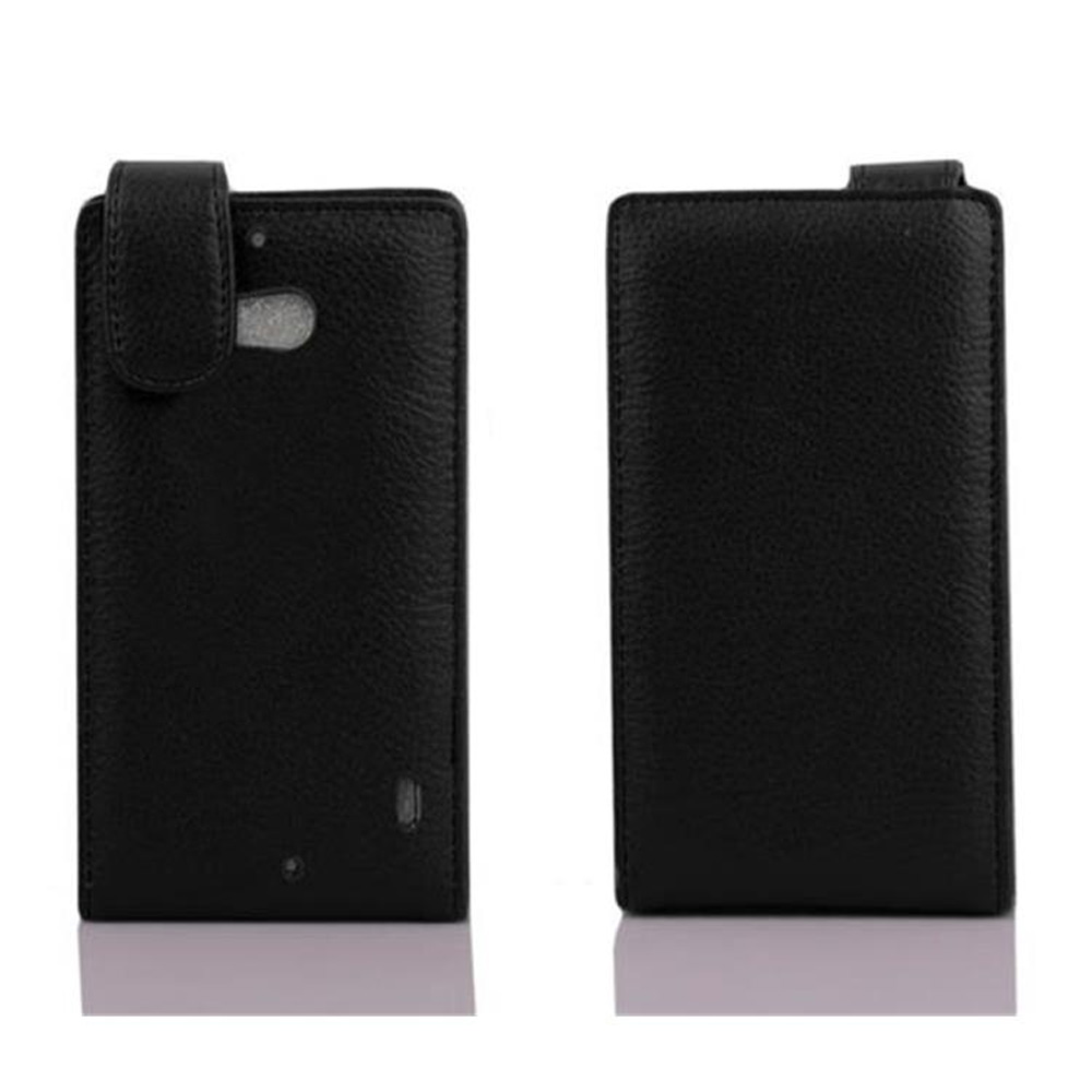 Dos fundas negras de cuero para teléfono. Una cerrada con solapa, la otra abierta. Ambas sobre una superficie blanca.
