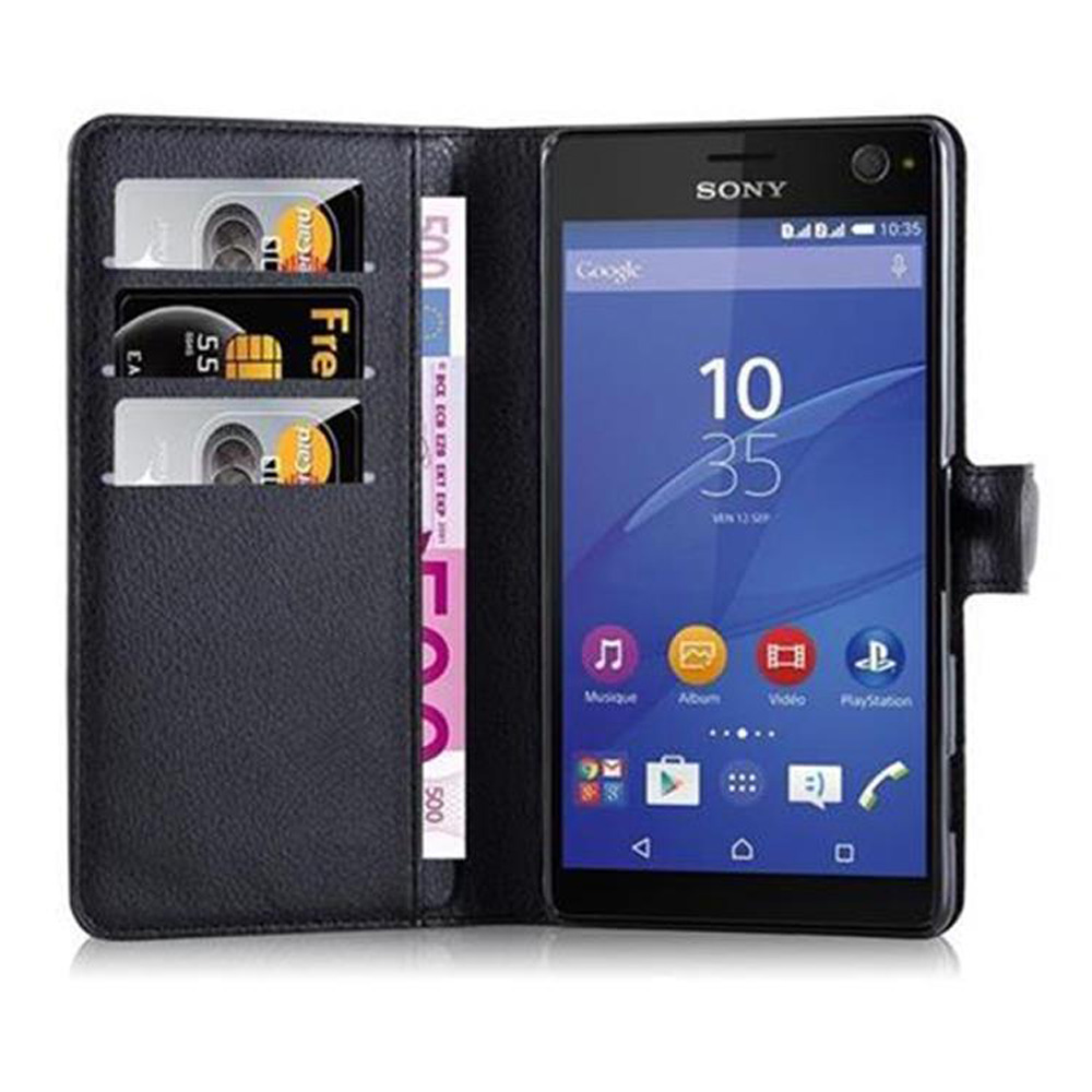 Una custodia nera per telefono con un telefono Sony. Contiene carte di credito e una banconota da 500 euro. Il telefono mostra l'ora 10:35.