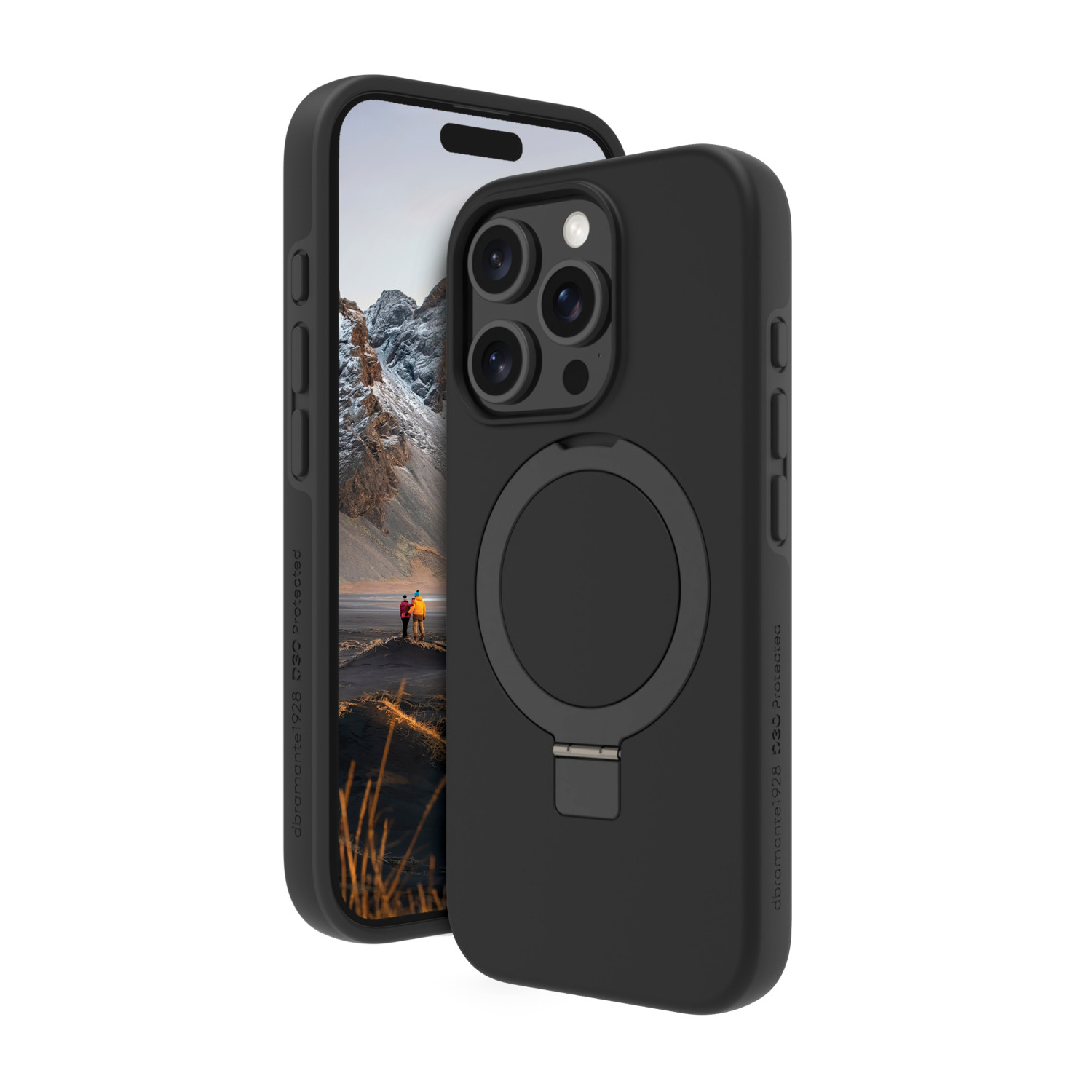 Telefono nero con custodia, schermo mostra paesaggio montano. La custodia ha un anello magnetico e supporto. Sfondo bianco.